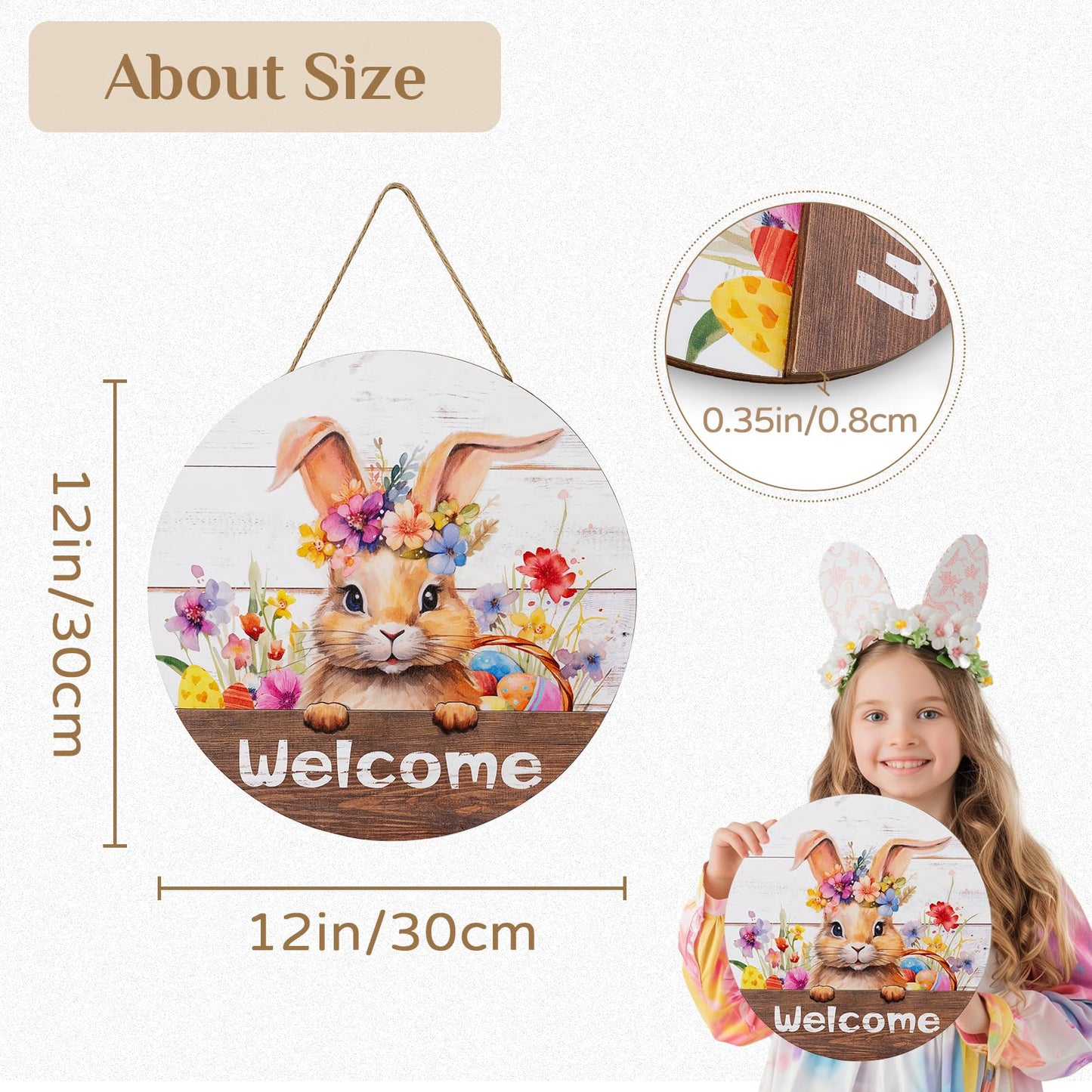 Walasis Easter Decorations for Front Door: Bunny Rabbit 3D Welcome Sign for Wall Decor Easter Wreaths Hanging for Home