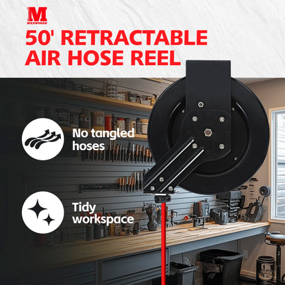 MaxWorks 80720 50ft Auto Rewind Retractable Reel with 3/8" x 50' Air Hose with Brass Fittings