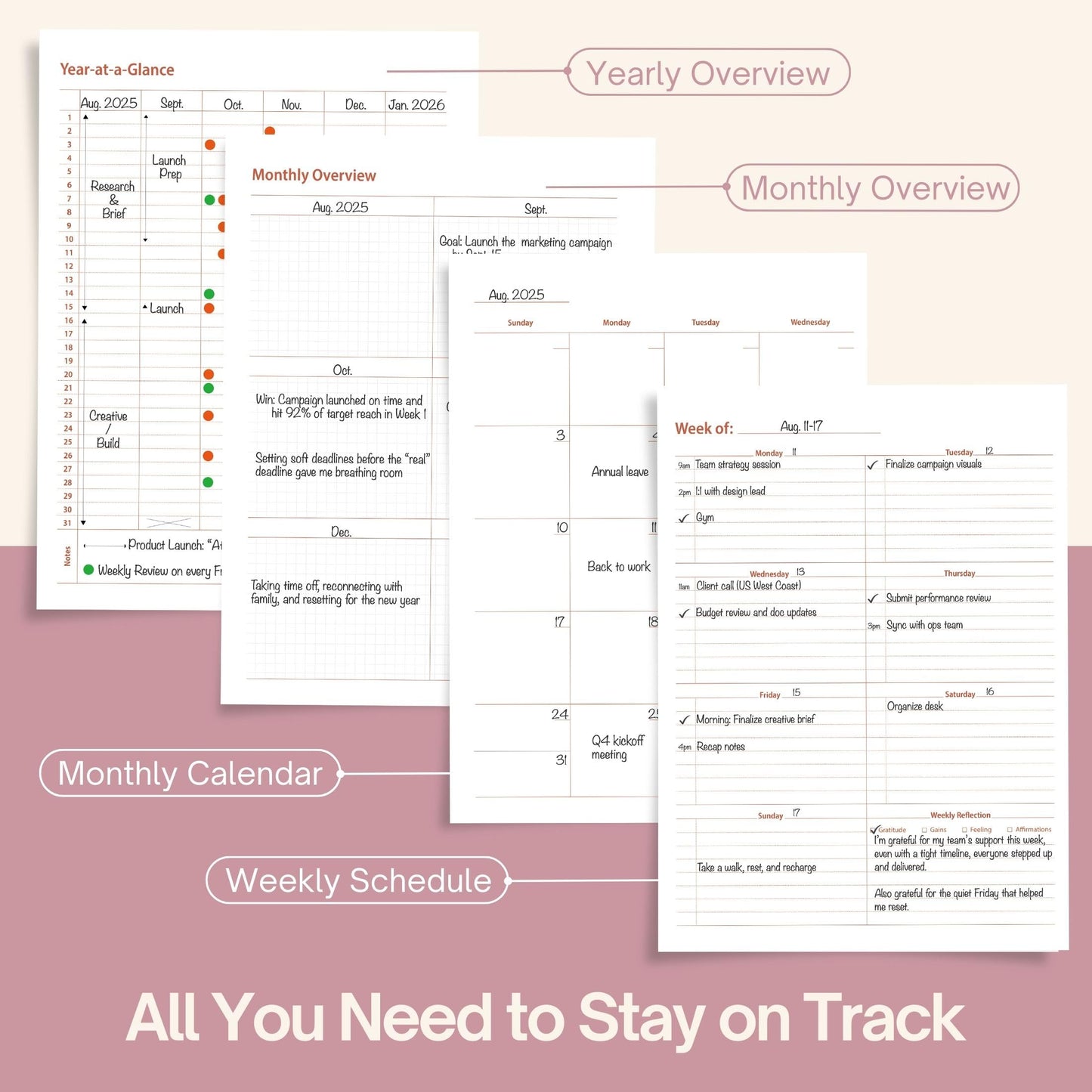 Undated Weekly Planner, 8.5x11” – Dashboard Layout with Yearly Review, Monthly Calendars, & Weekly To Do List, Spiral Bound Organizer for Work, Study & Life (Pink)