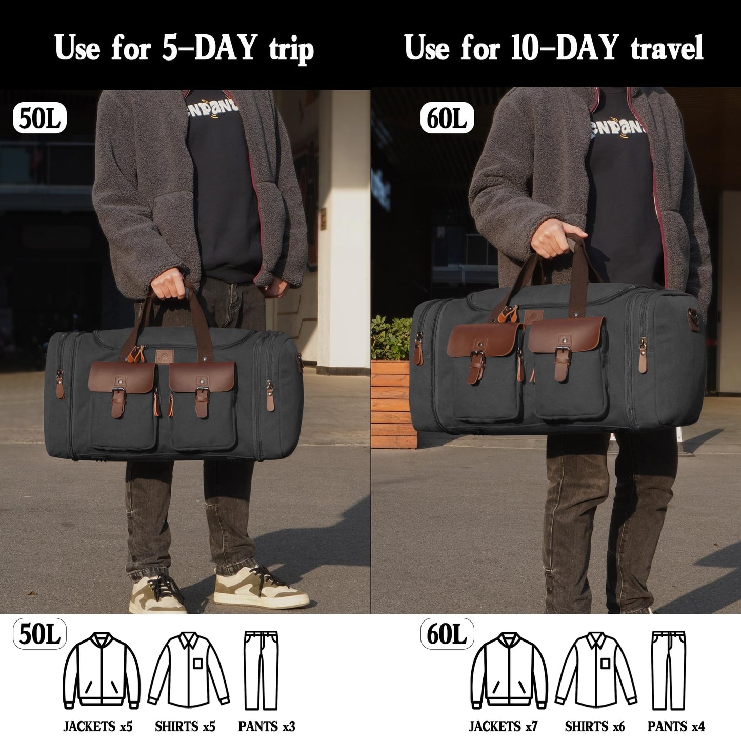 Densata Canvas Duffle Bag for Men 50L Travel Duffel Bags Expandable Genuine Leather Overnight Weekender Carry On Bag Two Zipper Pockets Travel Bag (Black, Large-50L)