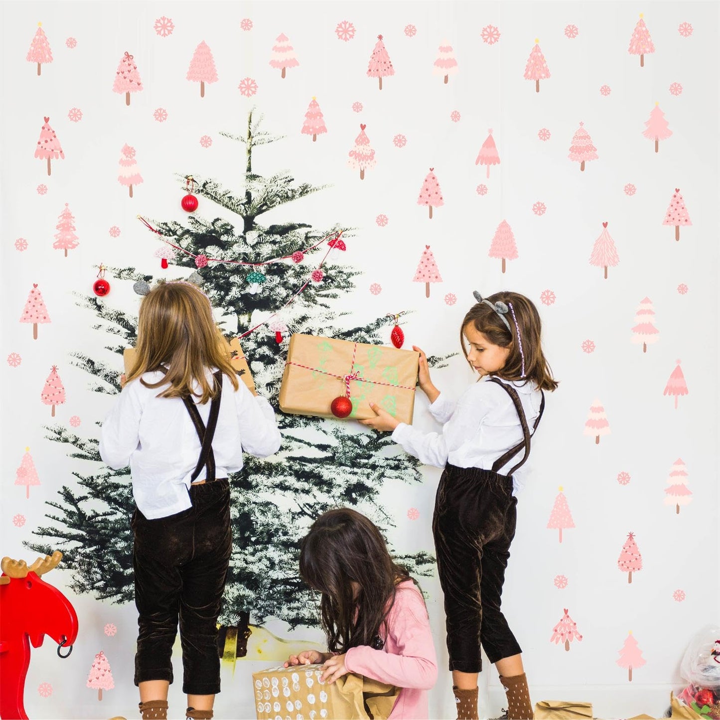 Pink Christmas Tree Wall Decals Merry Christmas Wall Stickers Peel and Stick Xmas Snowflake Sticker for Crafts Decoration Home Indoor Pink Pine Tree Decal for Kids Bedroom Winter Holiday Party Decor
