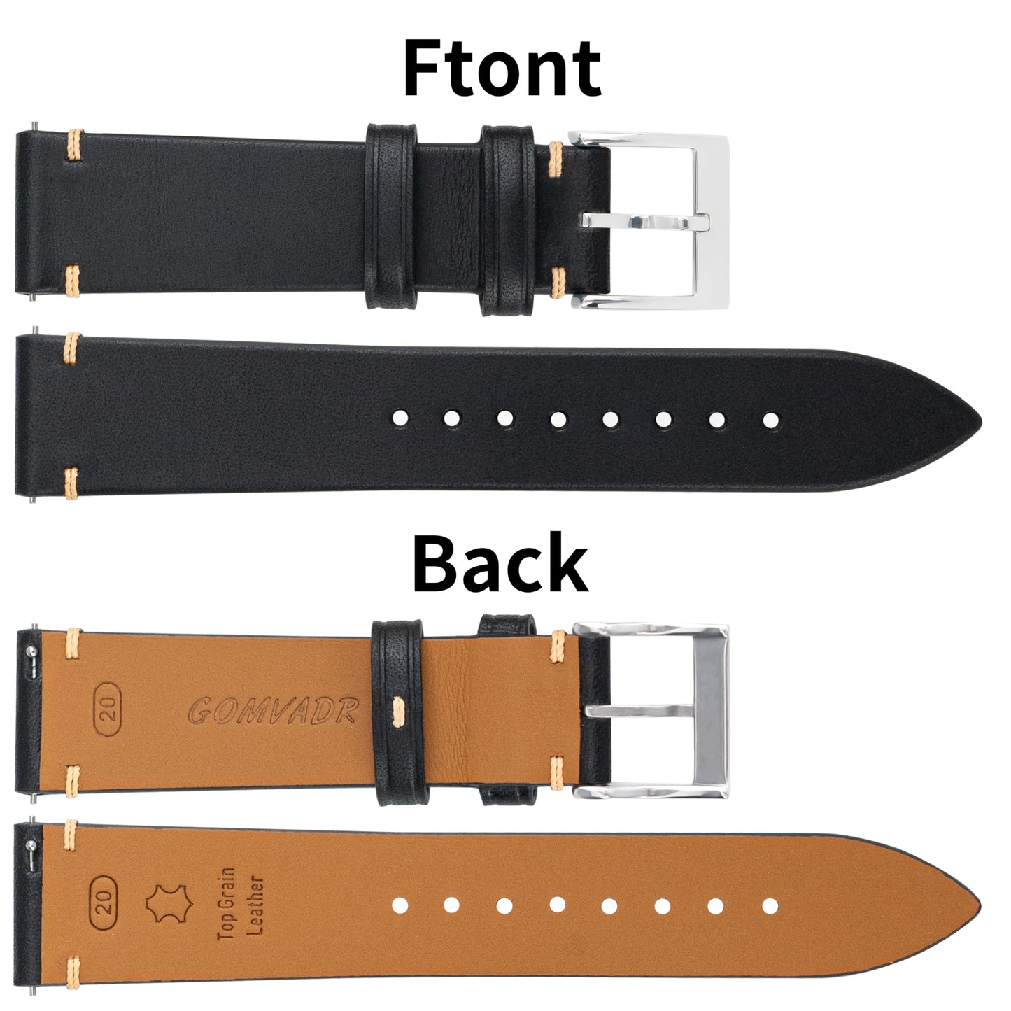 Gomvadr Handmade Slim Vintage Top Grain Leather Watch Strap, Quick Release, 18 mm/19 mm/20 mm/21 mm/22 mm, Silver/Black Buckle, Tan/Brown/Blue/Black/Coffee, Unisex for Men Women (Black with Silver Buckle, 20mm)