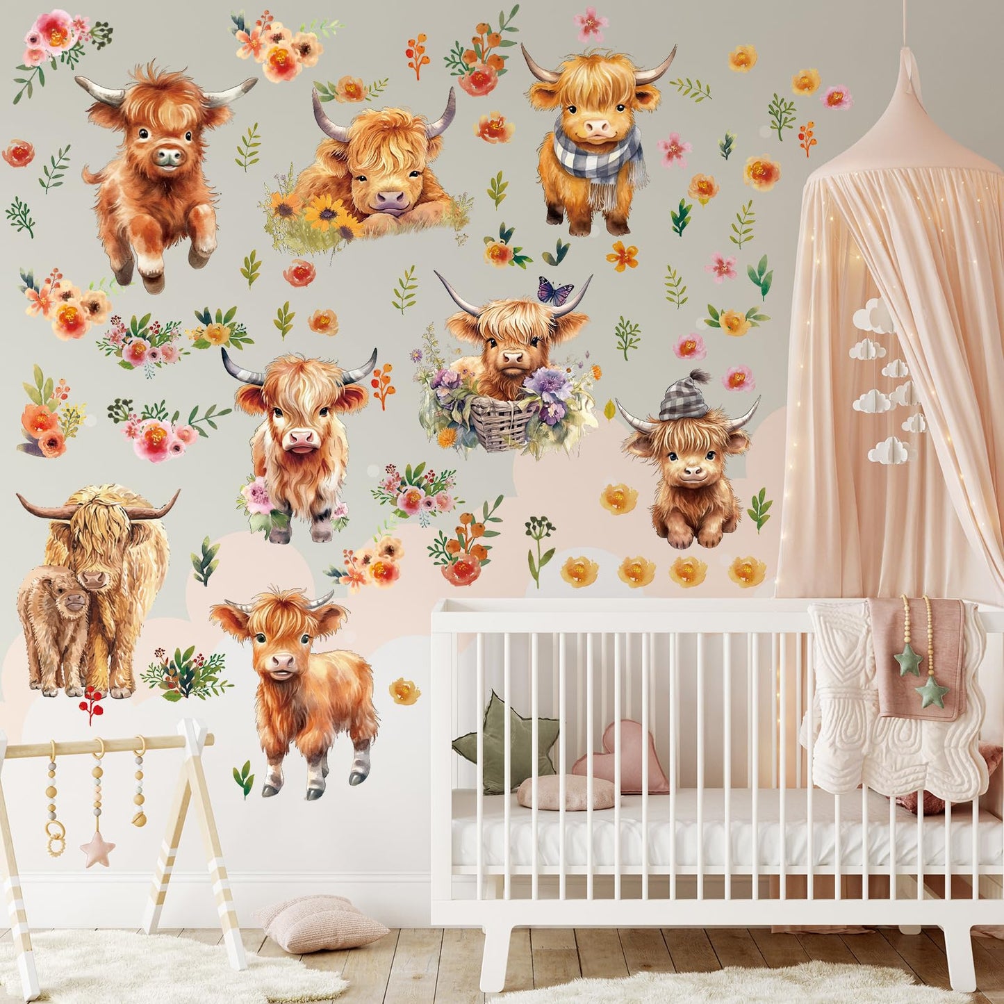 Yinder 12 Sheet 78 Pcs Highland Cow Wall Decals Baby Wall Stickers Cute Highland Cow Sticker for Kids Baby Room Bedroom Bathroom Classroom Living Room Nursery Decor
