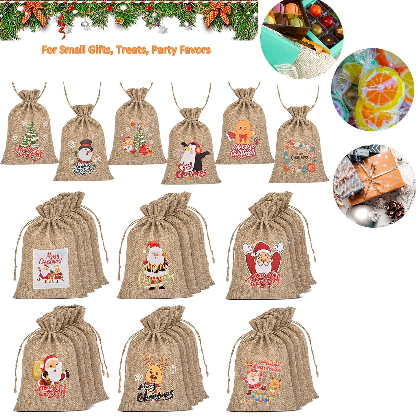 Christmas Small Burlap Bags with Drawstring, Burlap Gift Bags Christmas Linen Treat Sacks Gift Wrapping Bags Xmas Holiday Party Favors Bags(7x5 inch, 24 Pcs)