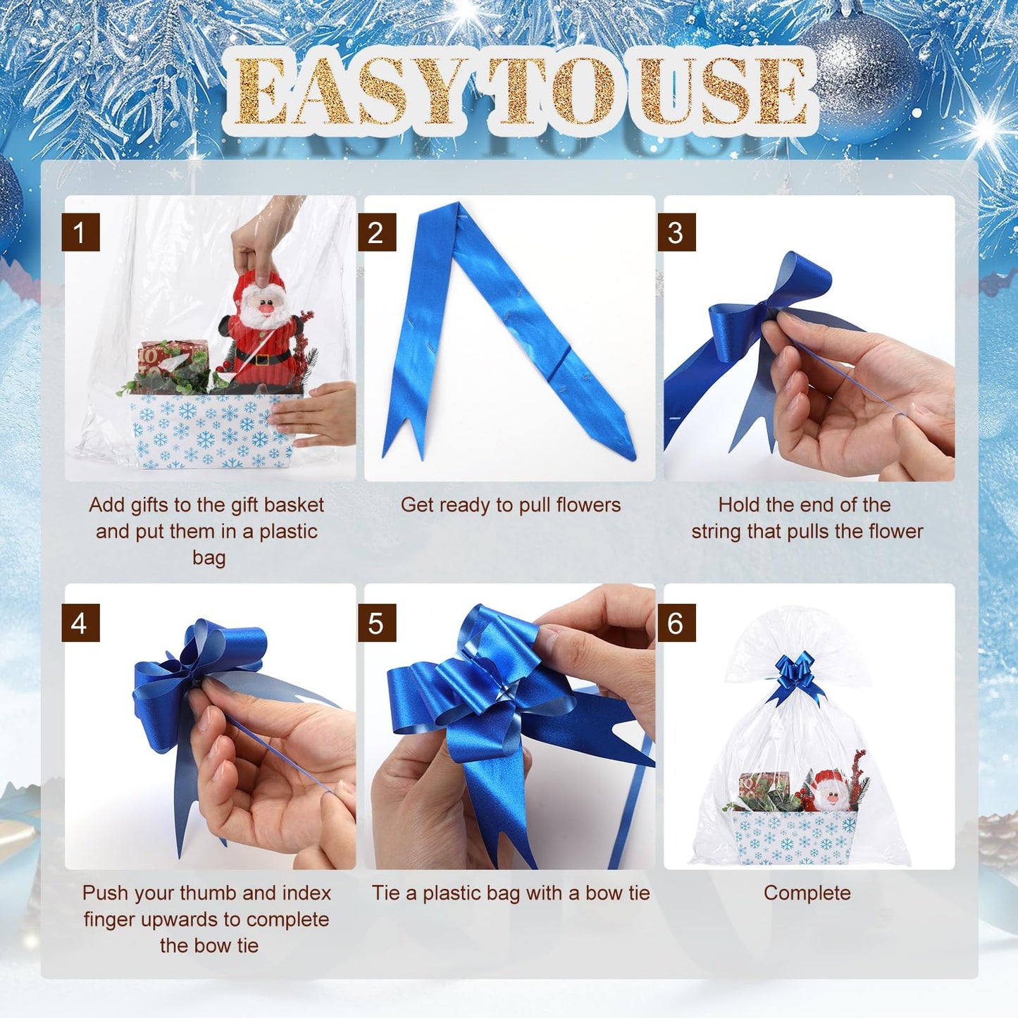Moinchore 12 Pcs Snowflake Basket for Gifts Empty 9.8x6.5'' Winter White Blue Market Tray Cardboard Basket with Bows, Plastic Bags, Twist Ties, Empty to Fill for Holiday Birthday Xmas Winter Party