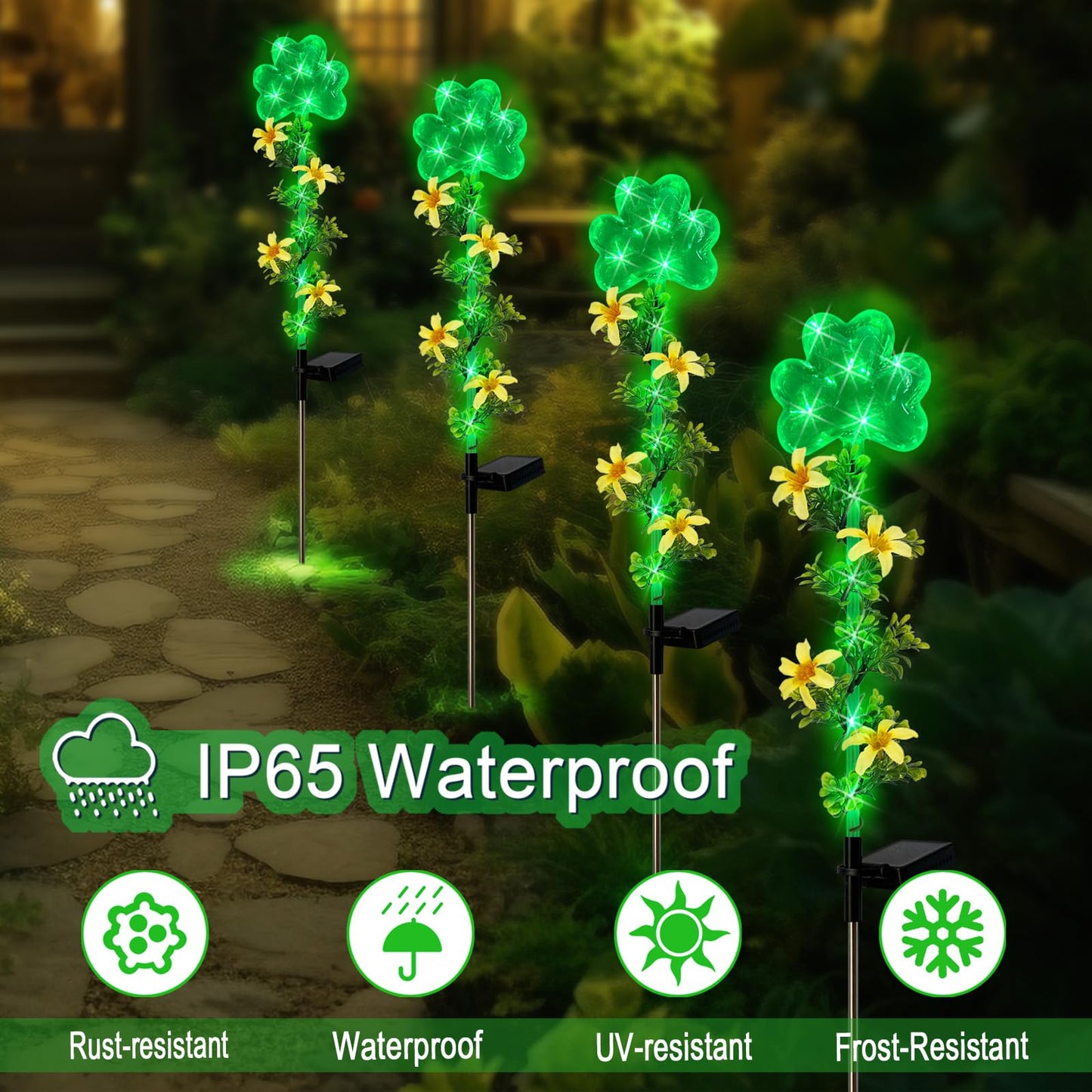 Hokfirm ST Patrick's Day Decorations Outdoor,2 Pack Shamrock Solar Lights Outdoor,Solar Powered Green Fairy Lights Holiday Decorations for Yard,Lawn,Garden Stkae