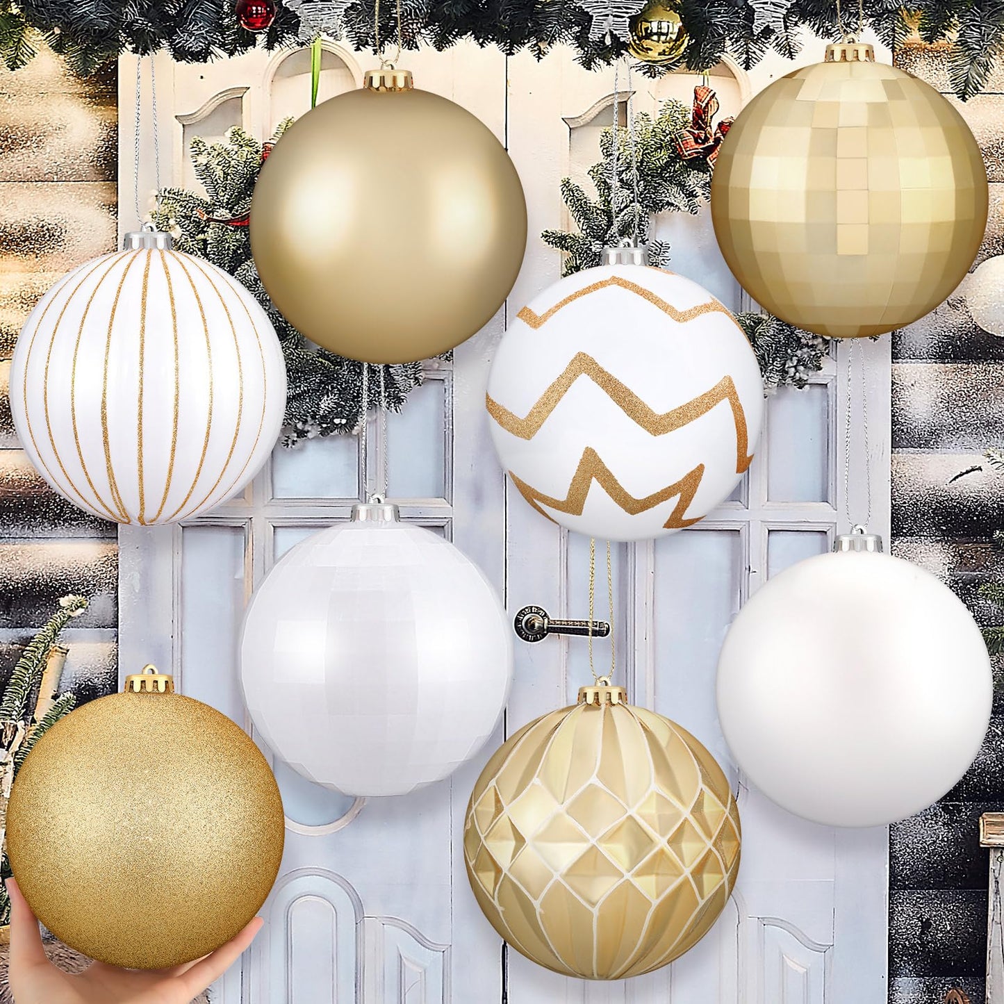 Wettarn Set of 8 Large Christmas Ball Ornaments 6 Inch White Gold Glitter Hanging Christmas Plastic Balls Indoor and Outdoor Hanging Christmas Tree Decorations for Lawn Yard Garden