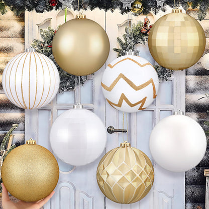 Wettarn Set of 8 Large Christmas Ball Ornaments 6 Inch White Gold Glitter Hanging Christmas Plastic Balls Indoor and Outdoor Hanging Christmas Tree Decorations for Lawn Yard Garden