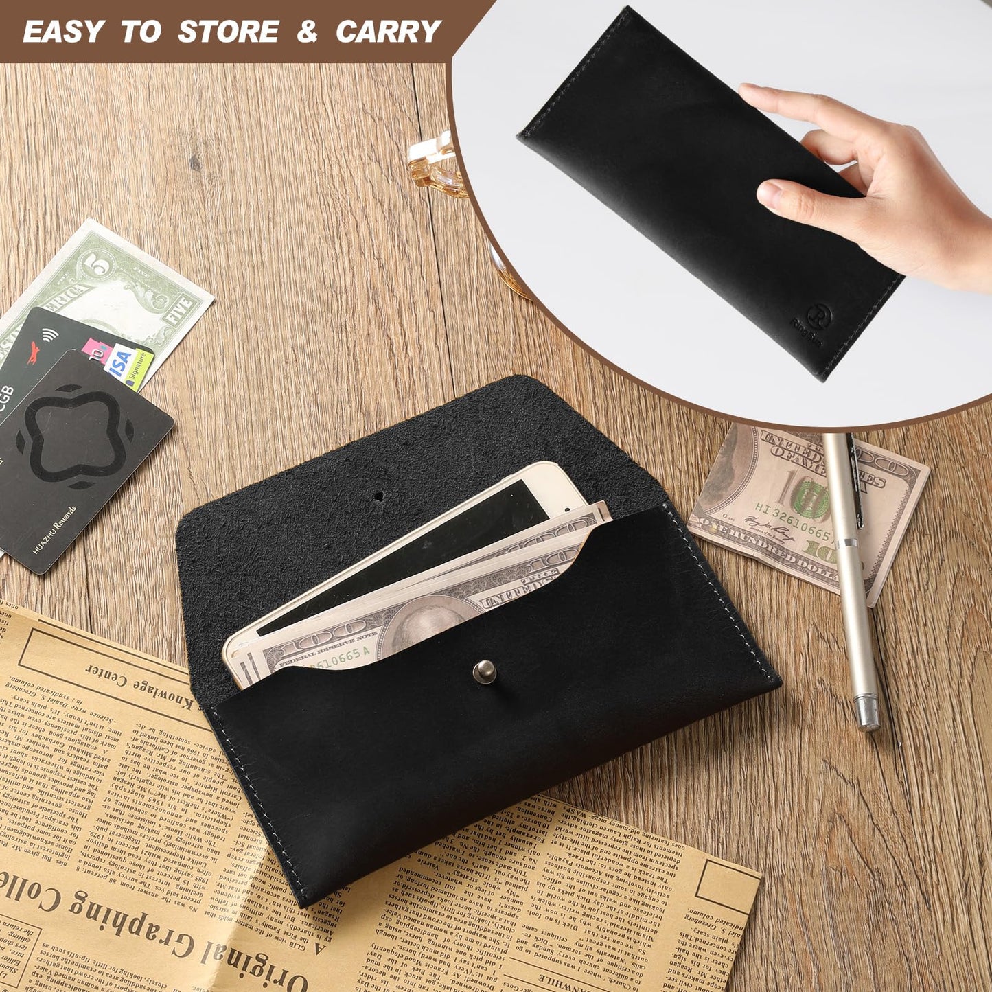 Ringsun Genuine Leather Cash Envelopes, Reusable Budget Envelope, Retro Clutch Wallet, Minimalist Wallet for Men & Women, Black