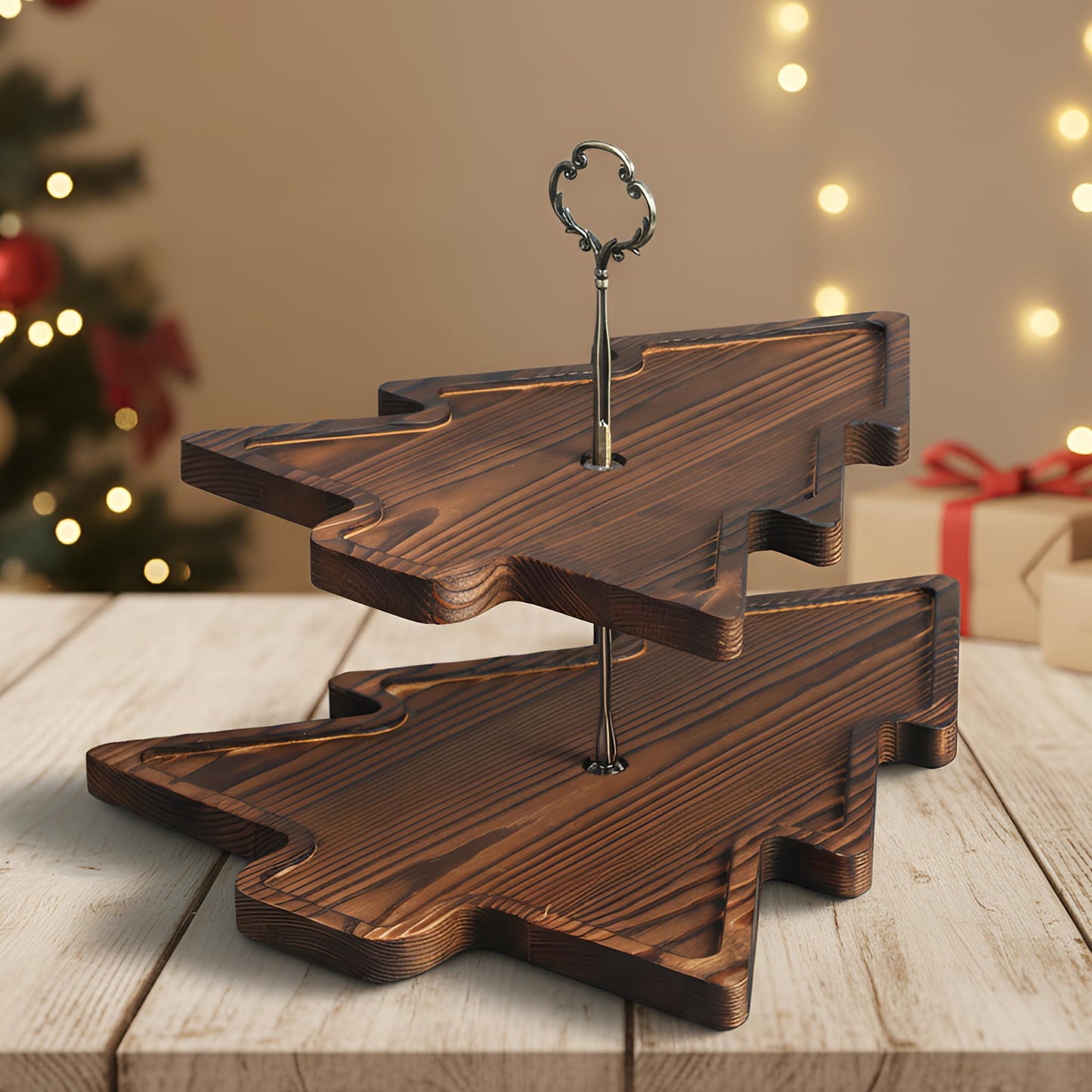 Amyhill Wood 2-Tiered Christmas Tree Tray Cupcake Stand Dessert Display Holiday Serving Platters Xmas Wooden Charcuterie Board for Snacks Food Fruit Appetizers Desserts Cookies (Dark Brown)