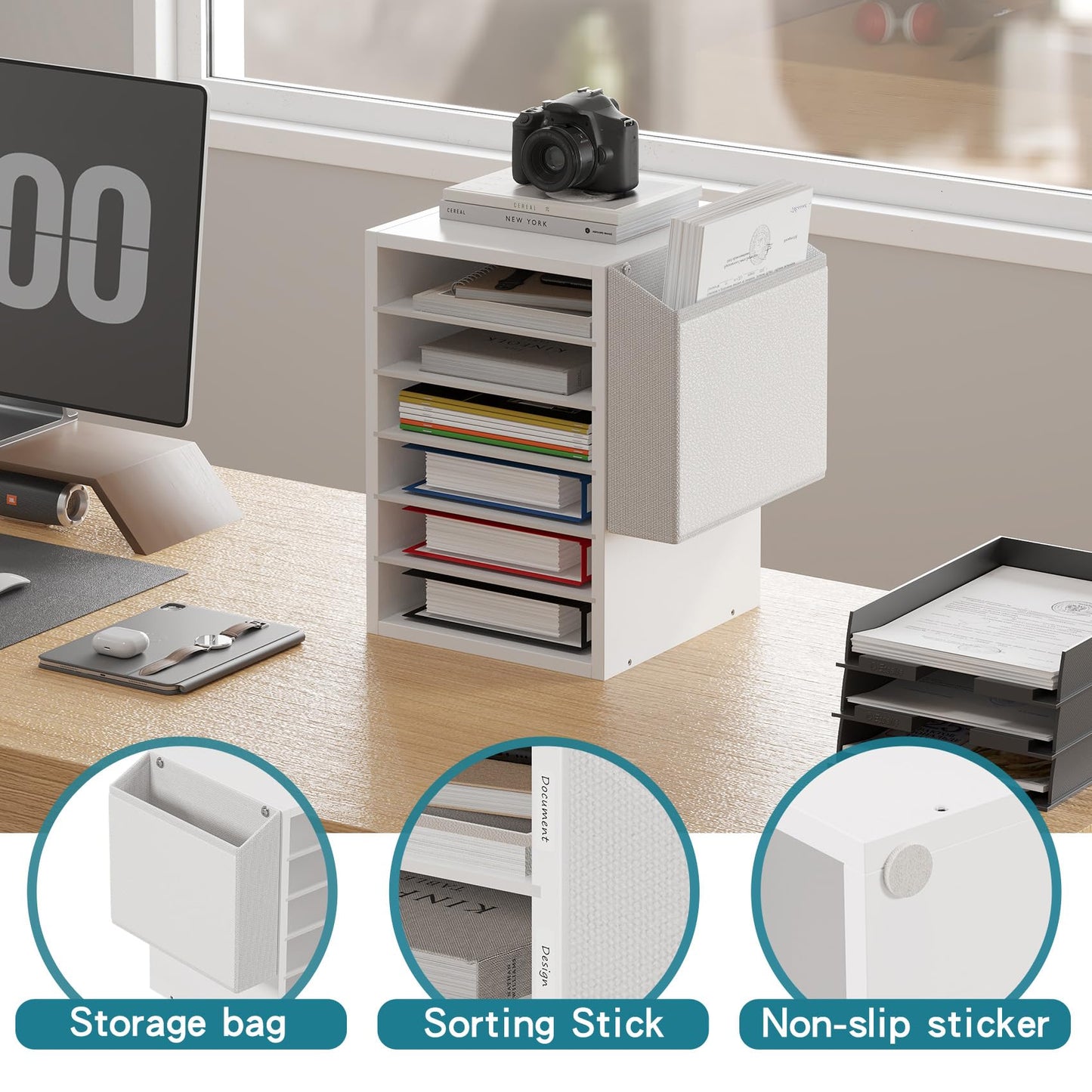 Unionly, 6 Tier Adjustable Countertop Mail Sorter, Mailboxes With Name Slots, Literature Organization Paper Storage Slot, Office Desk File Organizer, Wooden Desktop Mailbox for Classroom, White