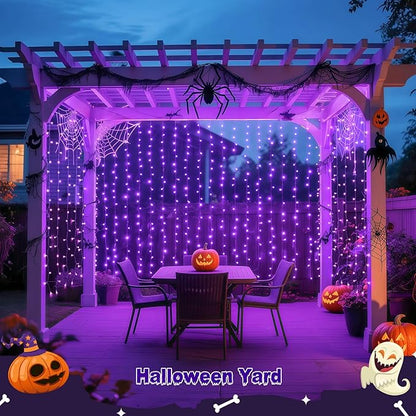 JMEXSUSS 200 LED Halloween Curtain Lights Battery Operated & USB Plug in, 6.6 x 6.6 ft Hanging String Lights Indoor with Remote, Purple Halloween Lights for Bedroom Backdrop Party Outdoor Decorations