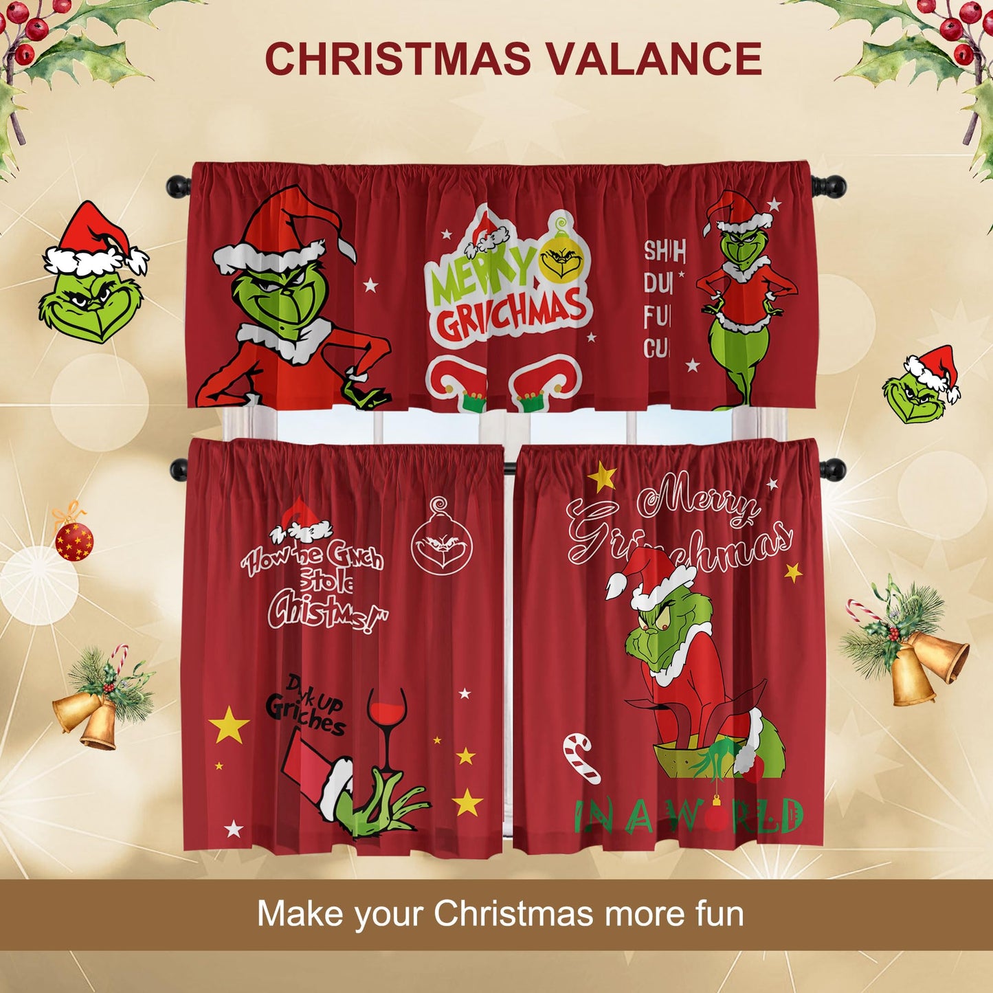Cuteiush Christmas Kitchen Curtain Valances Winter Holiday Festive Small Window Decoration, Red and Green Farmhouse Xmas Design, 52x18inchx1, 26x36inchx2, 3 Panel, Rod Pocket