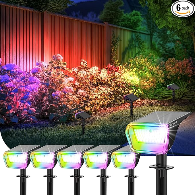 Linkind RGB Solar Christmas Lights Outdoor Spotlights IP67 Waterproof 10 Lighting Modes Solar Color Changing Lights Outdoor for Yard Garden Landscape Christmas Decorations (Multicolor, 6 Pack)