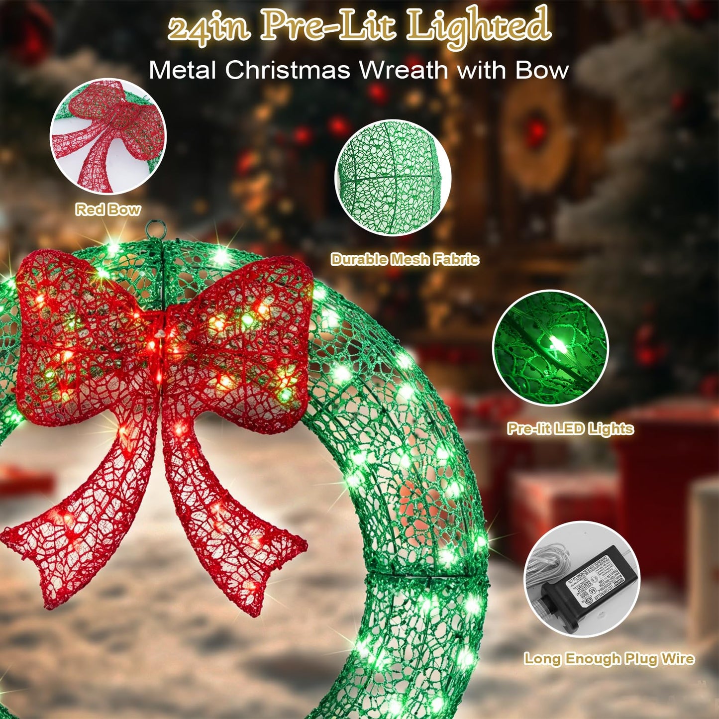 24" Pre-Lit Outdoor Christmas Wreath with 140 LED Lights and Bow, Lighted Metal Christmas Wreath Decoration with Timer Function for Xmas Home Wall Front Door Window Garage (Green/Red, 24in)