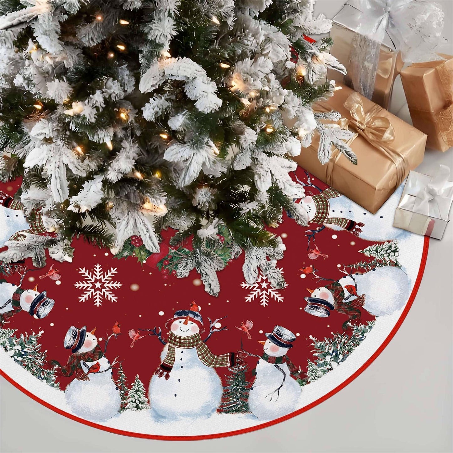EKOREST Snowman Christmas Tree Skirt 48 Inches, Red Backgrond Snowflake Pencil Tree Skirt, Winter Xmas Tree Mat Decorations for Home Party Holiday Decorations