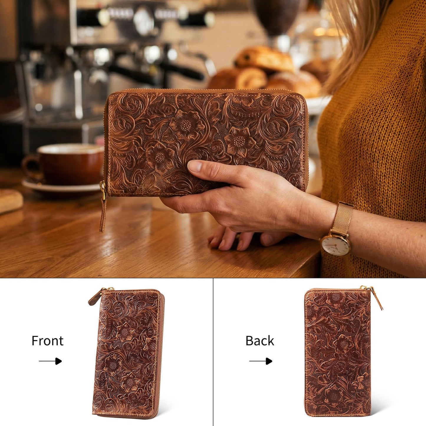RMAWRAD genuine leather long bi-fold wallet/card holder, unisex, made of embossed buffalo leather, with card slots and a coin purse, brown.
