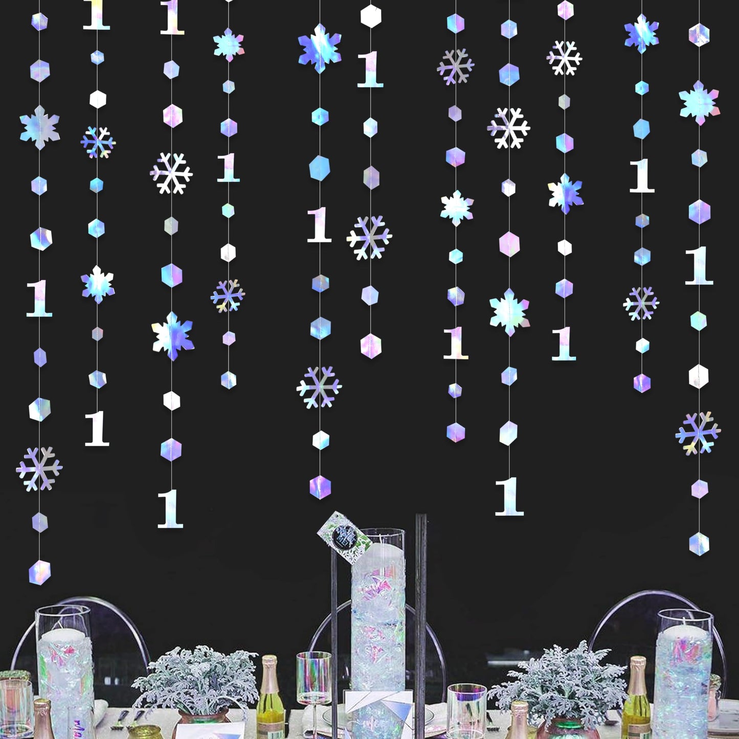 52Ft Winter Onederland Birthday Decorations Iridescent Snowflakes 1st Holographic Paper Snowflakes Garland Streamer for Winter Wonderland Christmas Frozen Snowflake First Birthday Party Supplies