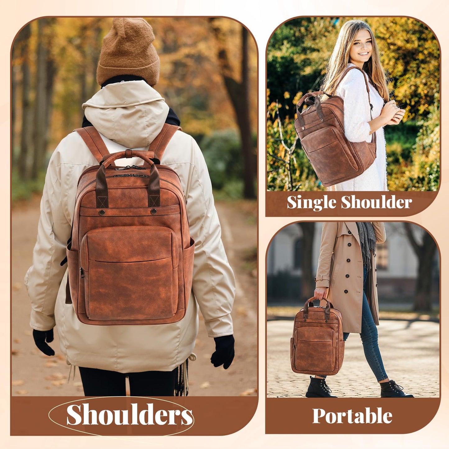Rcrirth PU Leather Laptop Backpack Women for Travel | 17 Inch Laptop Bag for Women - Large Capacity Teacher Nurse Computer Bag for Work College School (Brown)
