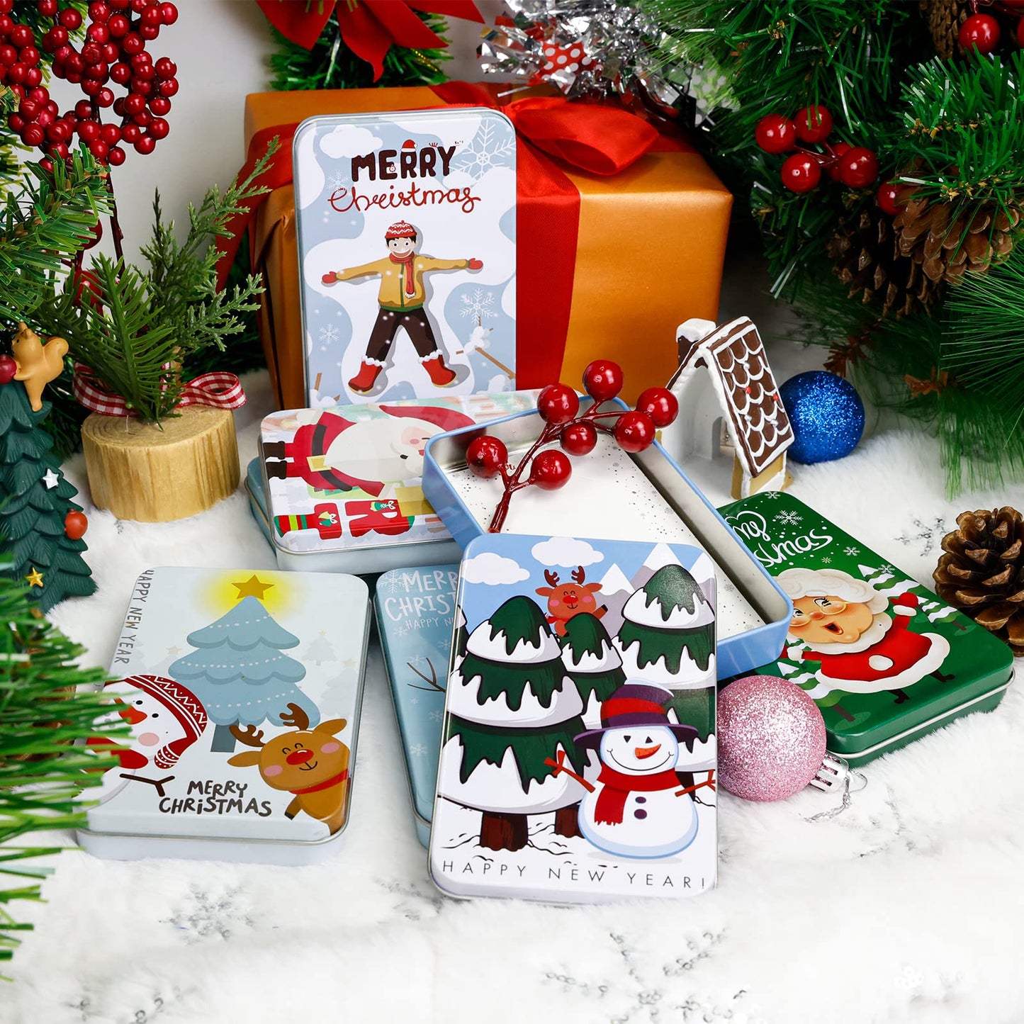 MGparty 12 PCS Christmas Gift Card Tin Boxes For Christmas Greeting Cards, Christmas Metal Tin Small Gift Boxes With Lids For Xmas Stocking Stuffers Party Favors,Christmas Holiday Gift Box Set