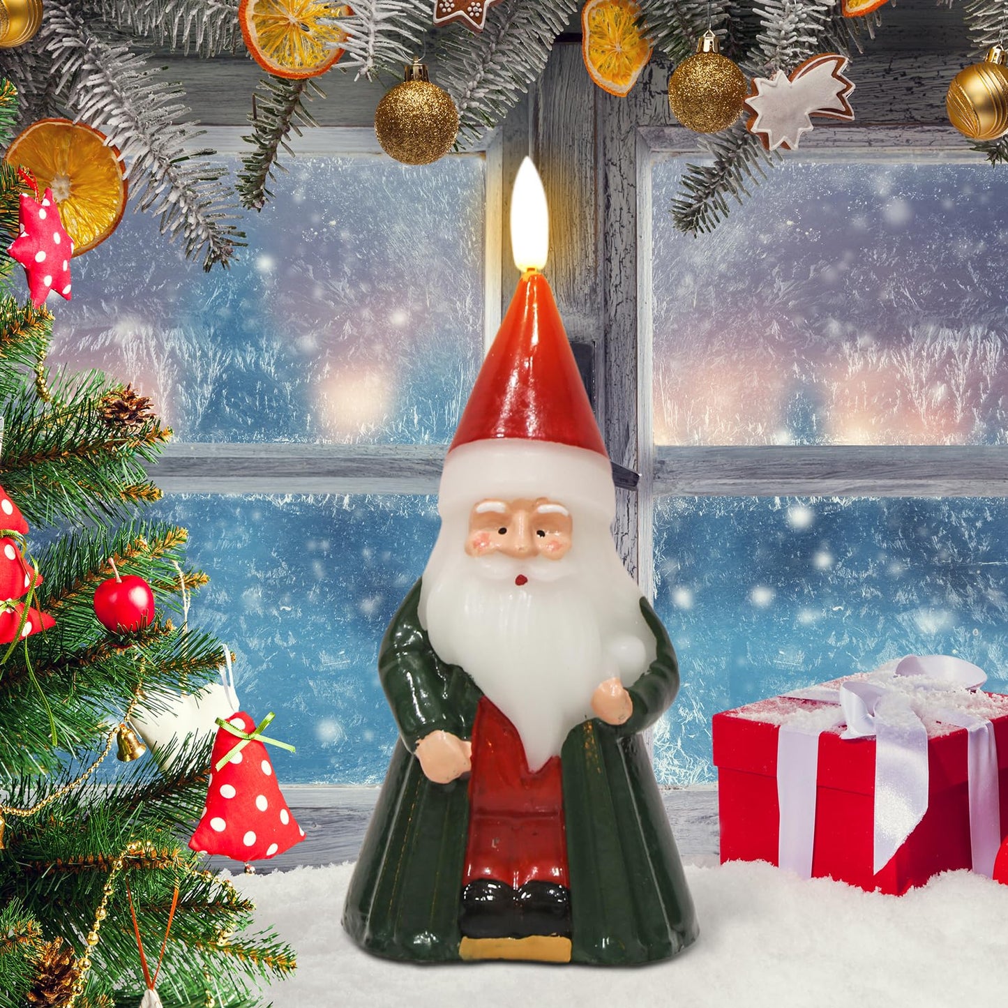 DRomance Santa Flameless Flickering Candle Battery Operated with 6 Hour Timer Real Wax Hand-Painted LED Pillar Candle 3D Wick Indoor Christmas Holiday Decor(Green, 3.1" D x 6.8" H)