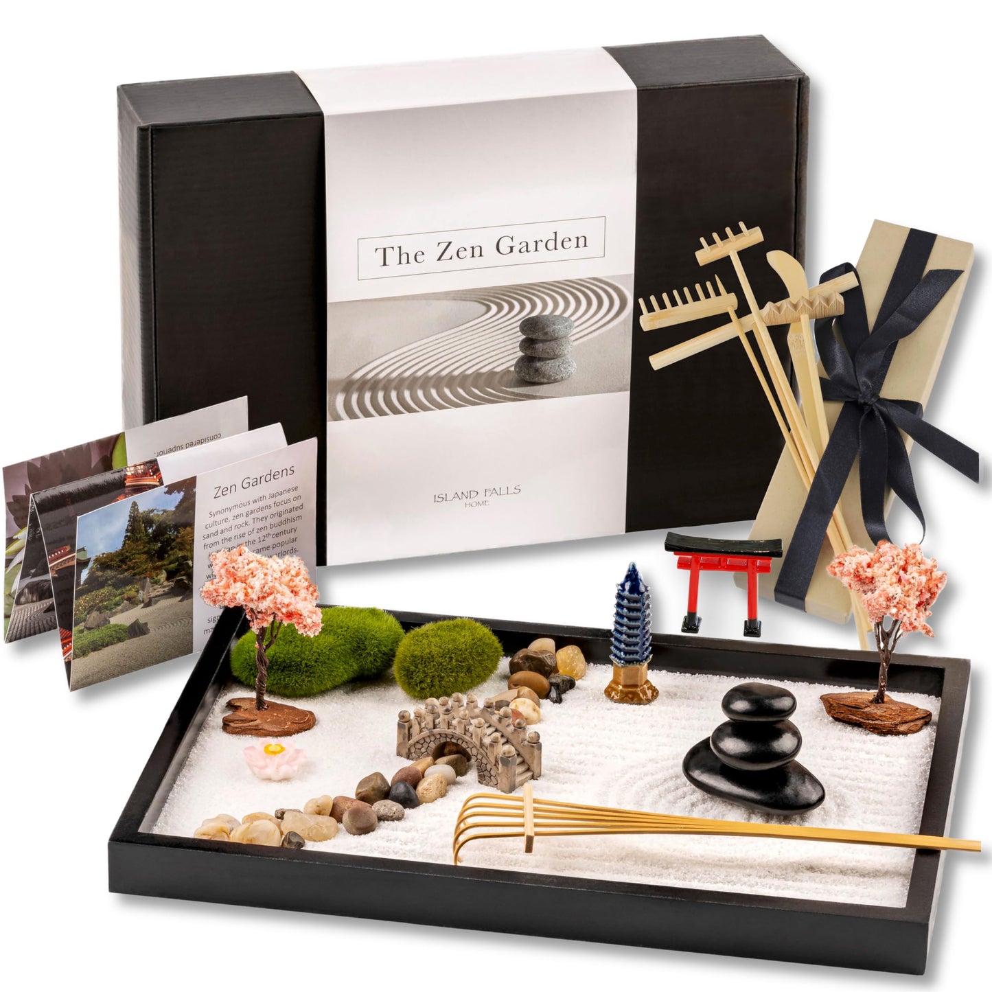 Island Falls Home Zen Garden Kit 11x8in. Beautiful Japanese Decor Mini Rock Feature Gift Set for Home, Office Desk. Zen Sand Garden, 6 Tools, 15 Accessories. Sand Tray Therapy Desktop Meditation Room
