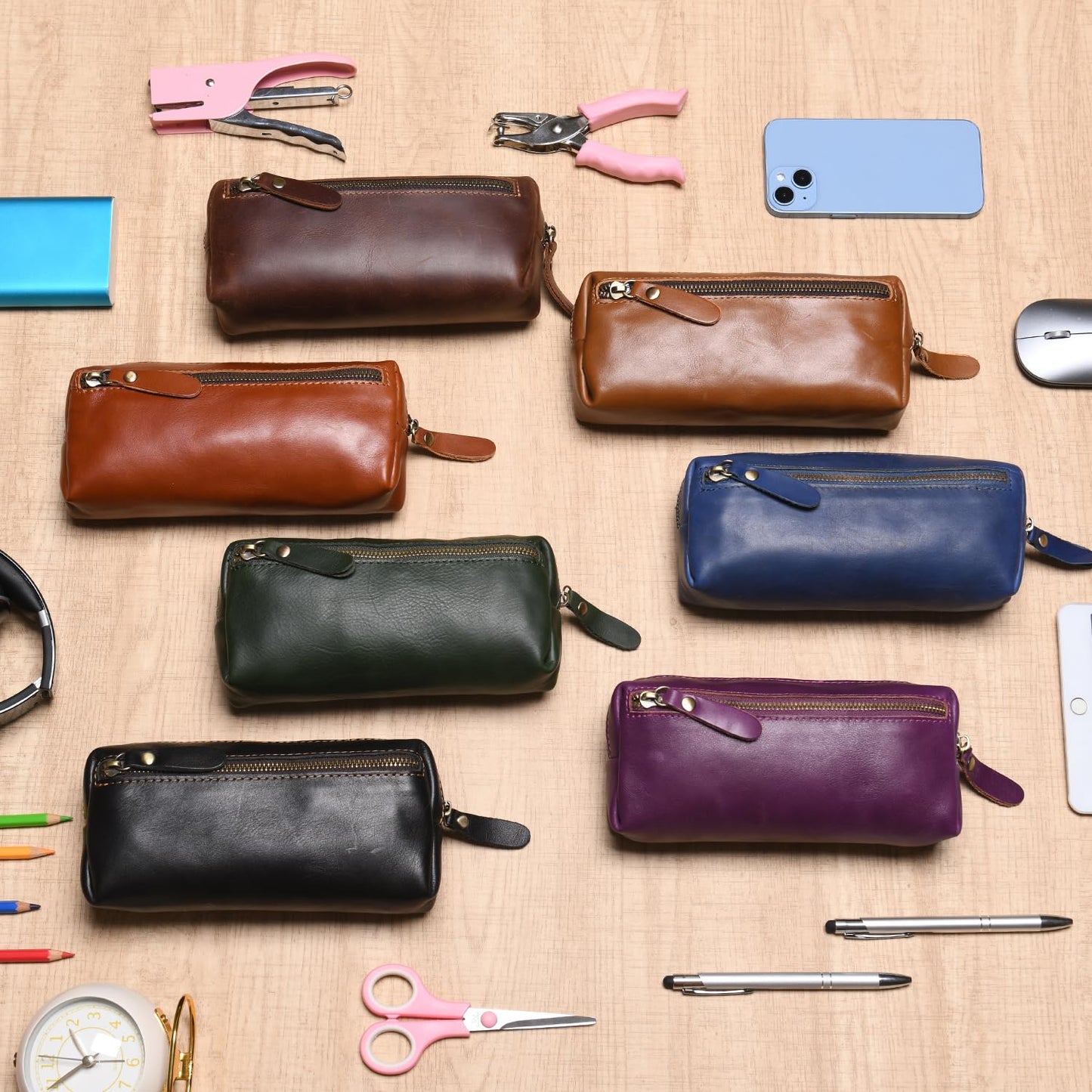 Wonderpool Pen Case Real Leather Pencil Pouch Markers Holder Big Capacity Bag with Side Zippered Pocket Sleeve for Stationery Makeup Utensils Organizer (Blue)