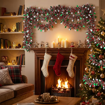 50 Feet Green Red Christmas Metallic Tinsel Twist Hanging Garland with Snowflake Xmas Tree for Home Mantle Xmas Tree Staircase Railing New Year Holiday Party Indoor Outdoor Decorations