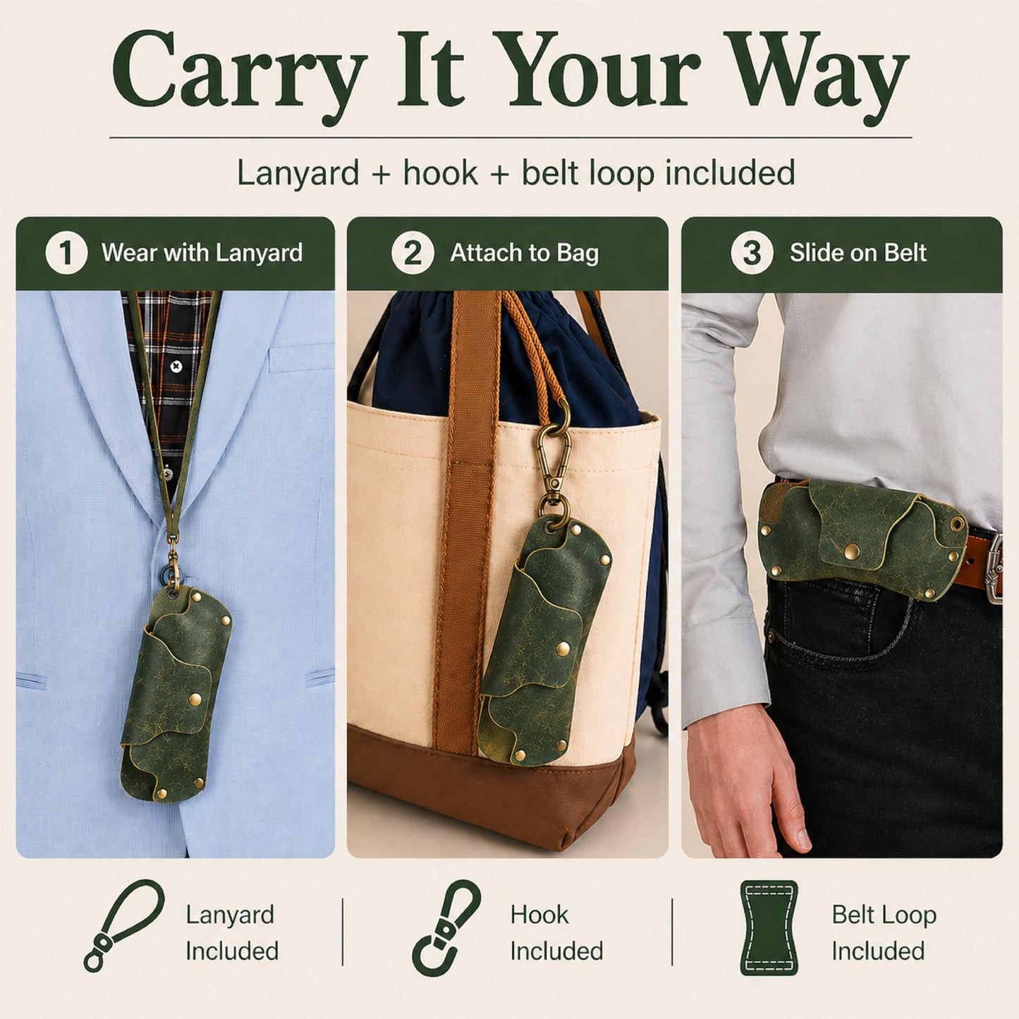 TheAntiq Green Leather Sunglasses Case with Lanyard - Handmade Eyeglass Holder with Snap Closure, Protective Travel Pouch for Glasses, Men & Women, 3 x 7
