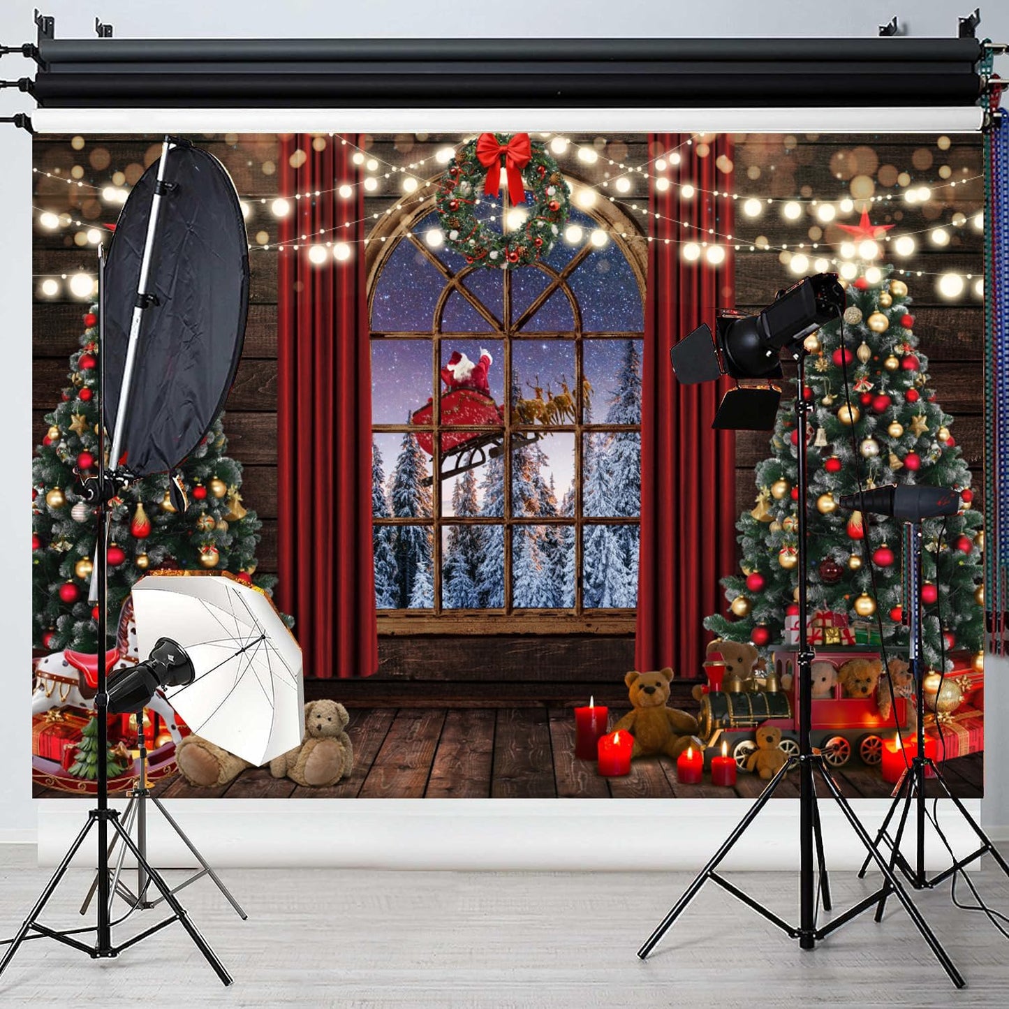 Merry Christmas Backdrop Window Santa Claus Xmas Tree Gifts Red Curtains Snow Winter Holiday Background for Xmas Holiday Party Decorations Banner Photo Booth Props 10x8ft