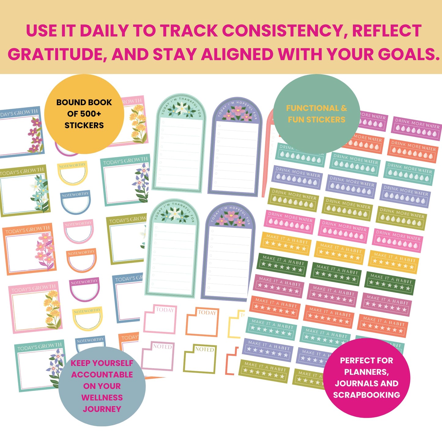 Wellness Sticker Book for Planners — 25 Sheets, 550+ Stickers | Habit Trackers, Motivational Quotes, Gratitude & Goal Trackers, Florals & Decor| Stickers for Planners, Journals & Scrapbooks