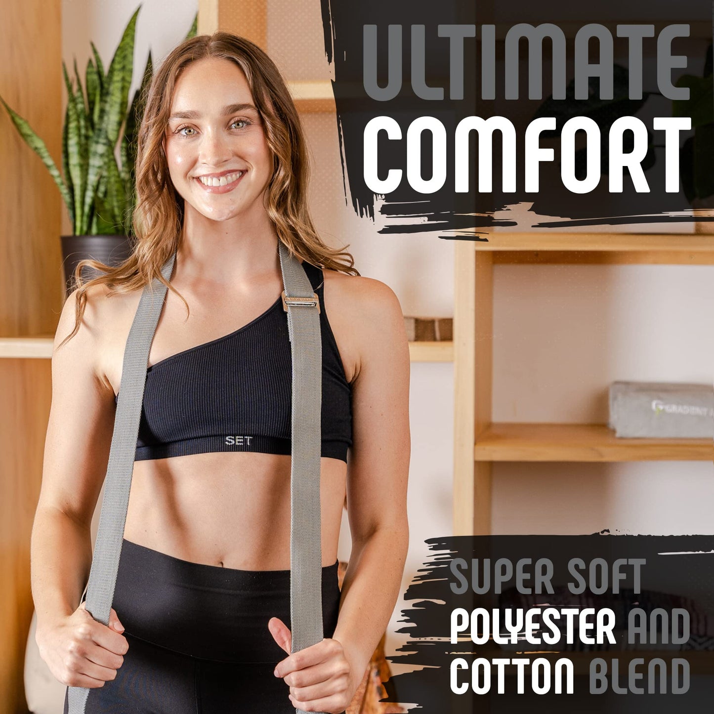 Gradient Fitness Yoga Strap, Friction-Less Easy-Feed Buckle, Yoga Straps for Stretching, Super Soft Cotton/Polyester Blend Webbing, Yoga band, Free eGuide. (8 Feet) Gray