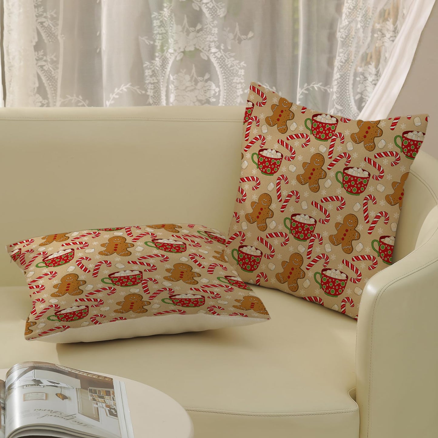 DAFENA Christmas Pillow Covers 18x18 Inch 2 Pcs Gingerbread Man Candy Cane Snowflake Decor Throw Pillows Winter Xmas Holiday Farmhouse Decoration Pillowcase Linen Cushion Cover for Couch Sofa