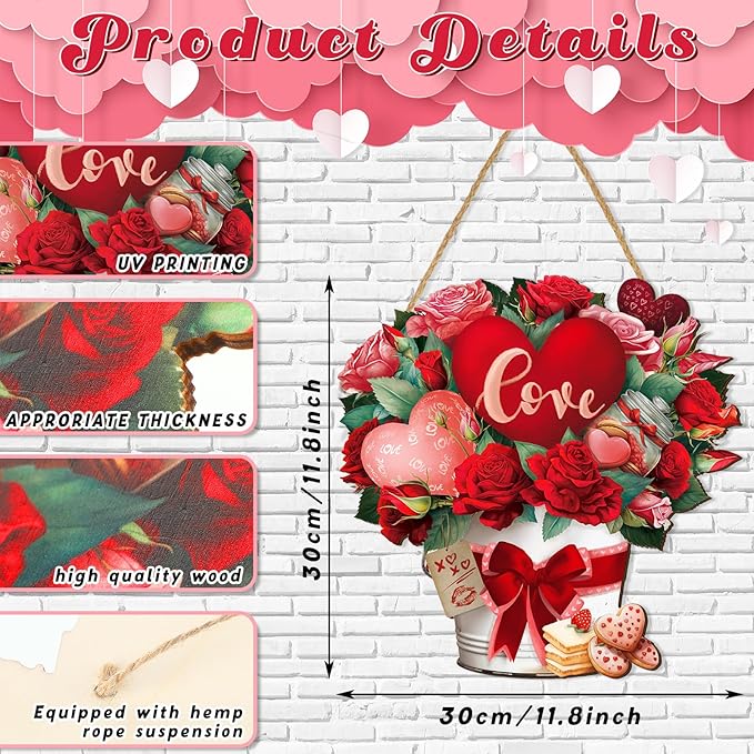 Boao Welcome Valentine's Day Wooden Hanging Sign Farmhouse Door Decor Vintage Valentine's Day Wood Red Love Door Sign Rustic Wall Plaque Ornaments for Window Wall Porch