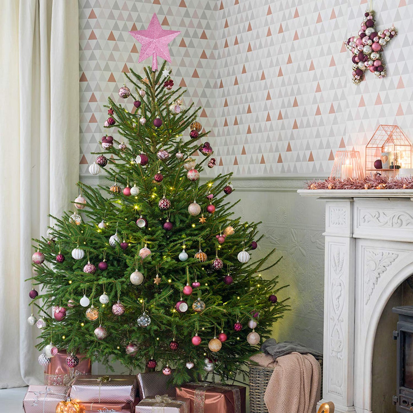 Artiflr 10 Inch Christmas Tree Topper, Pink Star Tree Topper Glittered Christmas Tree Decorations for Indoor Home Décor (Pink)
