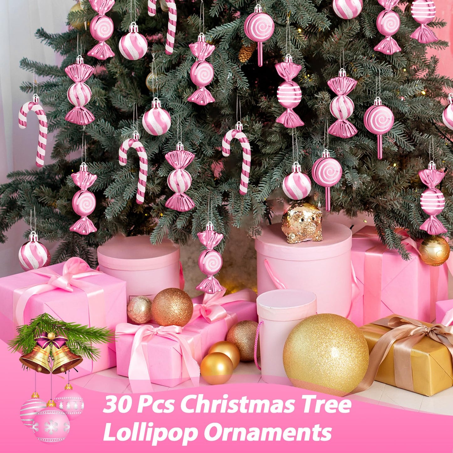 Liliful 30 Pcs Christmas Candy Cane Lollipop Ornaments Set Plastic Holiday Peppermint Candy Home Hanging Ornament Lollipop with Rope for Xmas New Year Party Decor(Pink White)