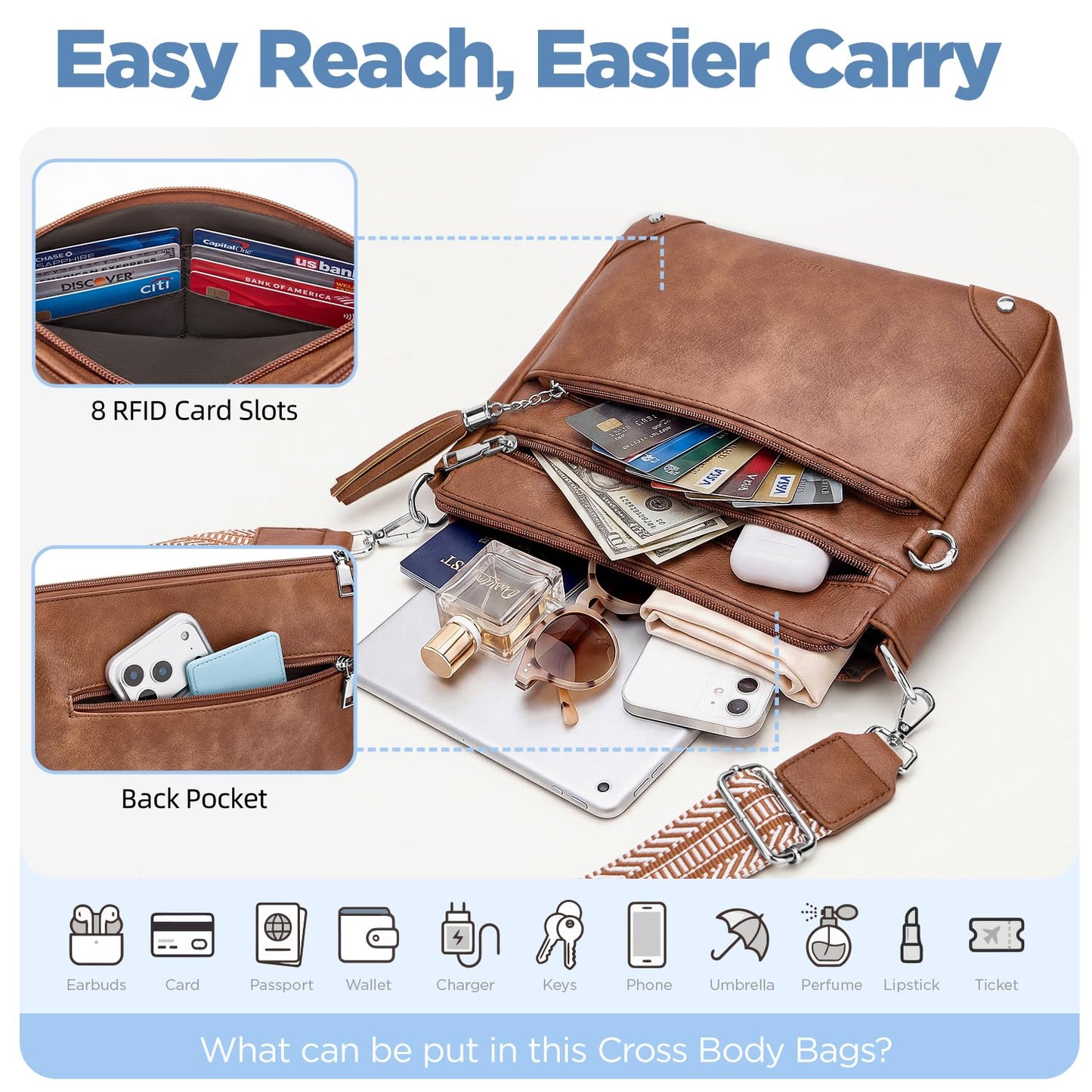 Fiiuos Anti Theft Crossbody Purse for Women RFID Crossbody Bags for Travel, Vegan Leather Cross Body Bag with Built-in Wallet for Work & Daily Use, Hands-Free Shoulder Purse with Tassel Brown