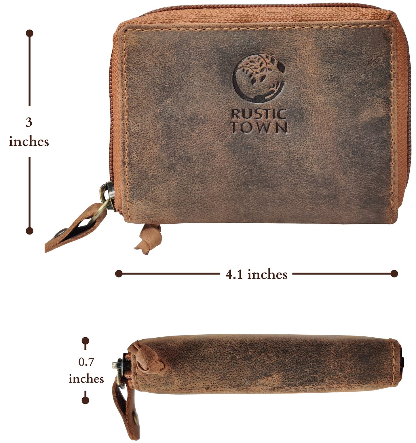 RUSTIC TOWN Leather Key Holder Case - Zippered Key Organizer Wallet with 8 Hooks for Keys, Cash, and Card - Gift for Men and Women
