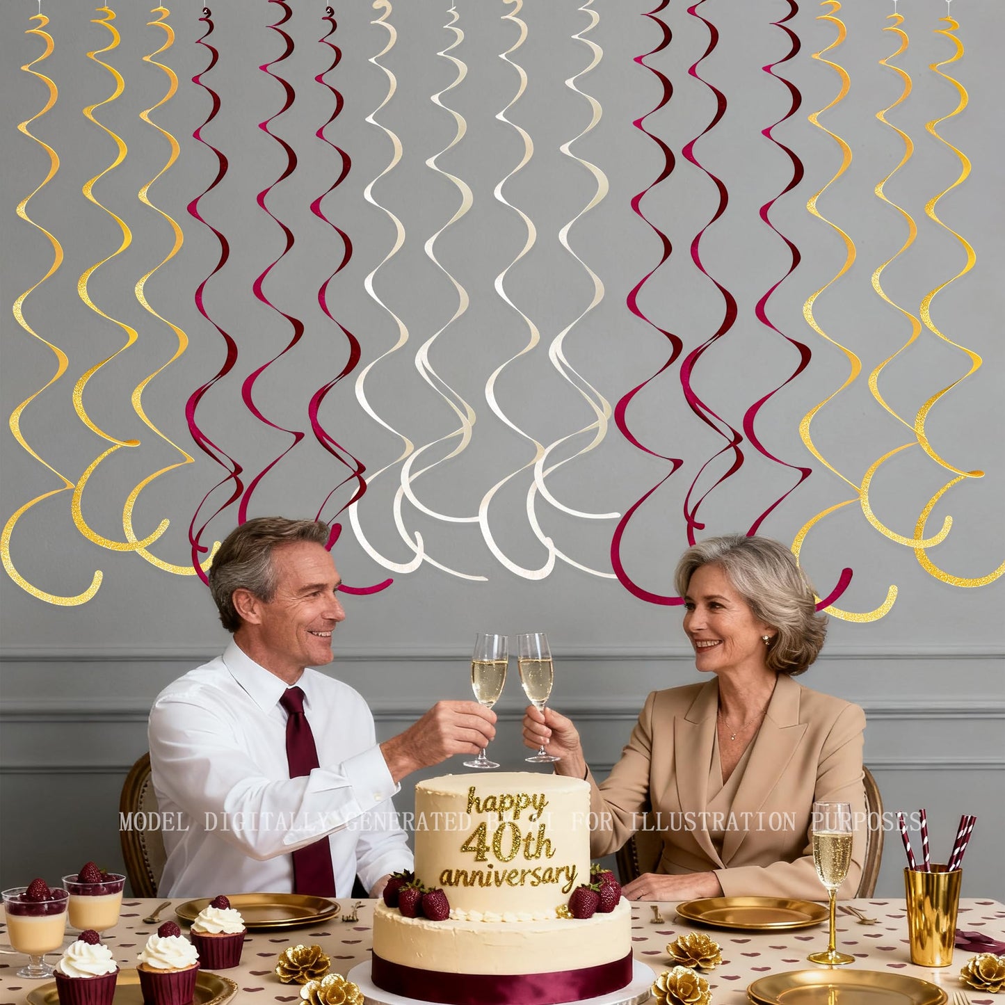 36 Pcs Maroon Gold Hanging Swirl Decorations Glitter Gold Burgundy Beige Felt Swirl Streamer Spiral Ceiling Garland for Birthday Graduation Wedding Baby Shower Retirement Anniversary Garnet Party