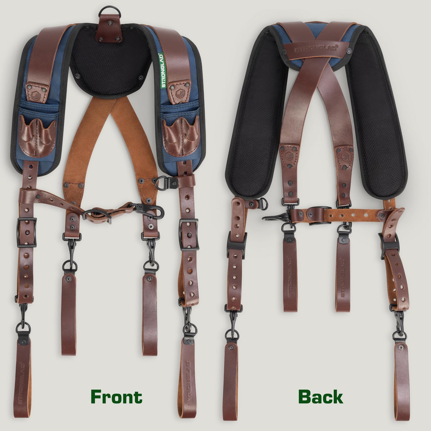 STRONGLAD Tool Belt Suspenders - Full-Grain Leather, 1680D Nylon, Padded Shoulder Straps, Adjustable Heavy-Duty Construction Support
