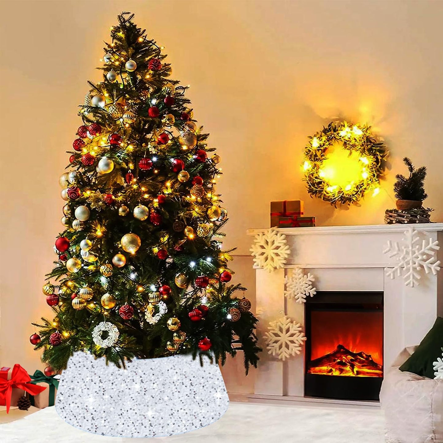 SOMUAUY Christmas Tree Collar Silver White Tree-Collar 24 Inch Halloween Christmas Tree Collars for Artificial Trees Sequin Halloween Tree Skirt for Xmas Tree Ornaments Tree Base Party Home Decor
