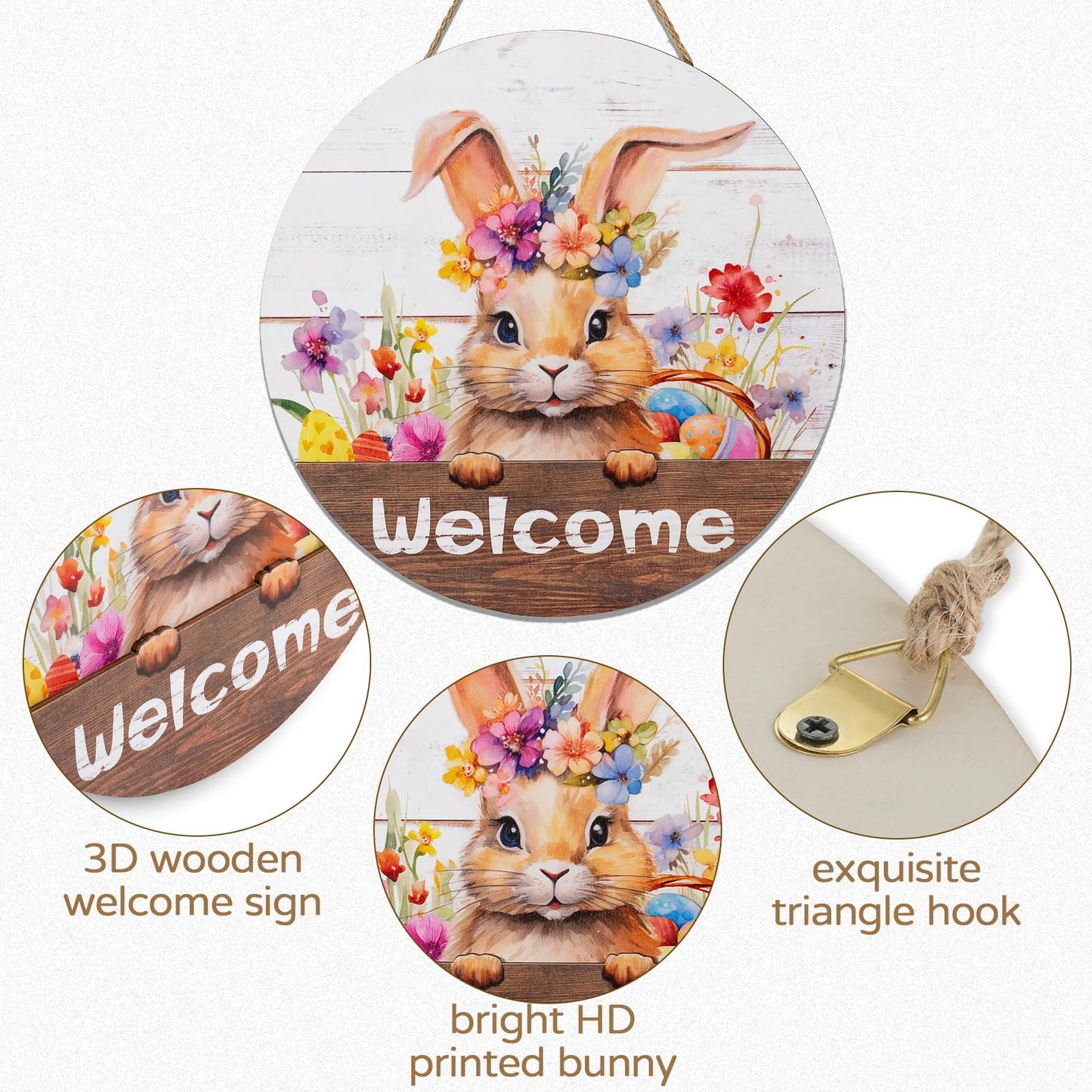 Walasis Easter Decorations for Front Door: Bunny Rabbit 3D Welcome Sign for Wall Decor Easter Wreaths Hanging for Home
