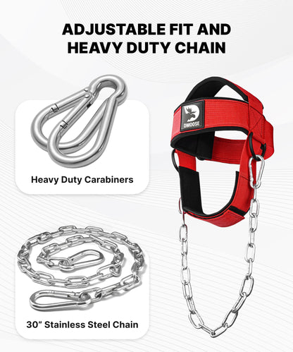 DMoose Fitness Neck Harness for Weight Lifting - Soft Padded Head & Chin Strap with 30" Heavy Duty Steel Chain - Neck Exerciser, Trainer & Strengthener to Support Injury Recovery (Red)