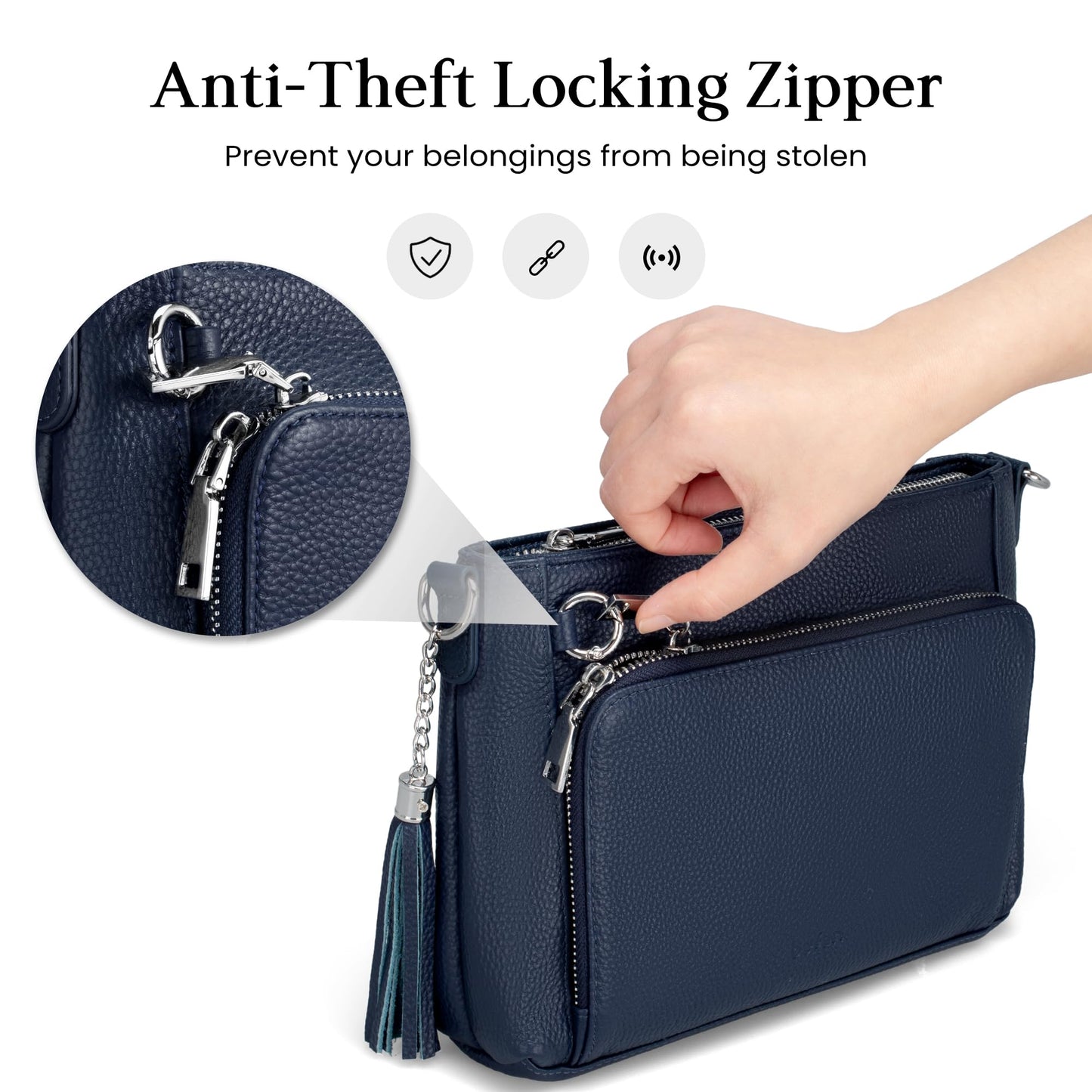 befen Genuine Leather Crossbody Bags for Women, RFID Blocking Leather Purse with Built in Wallet, Anti Theft Crossbody Bags for Women, Travel Purse with Removable and Adjustable Strap, Navy Blue