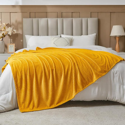 NEWCOSPLAY Super Soft Throw Blanket Mustard Yellow Premium Silky Flannel Fleece Leaves Pattern Lightweight Bed Blanket All Season Use (Mustard Yellow, Throw(50"x60"))
