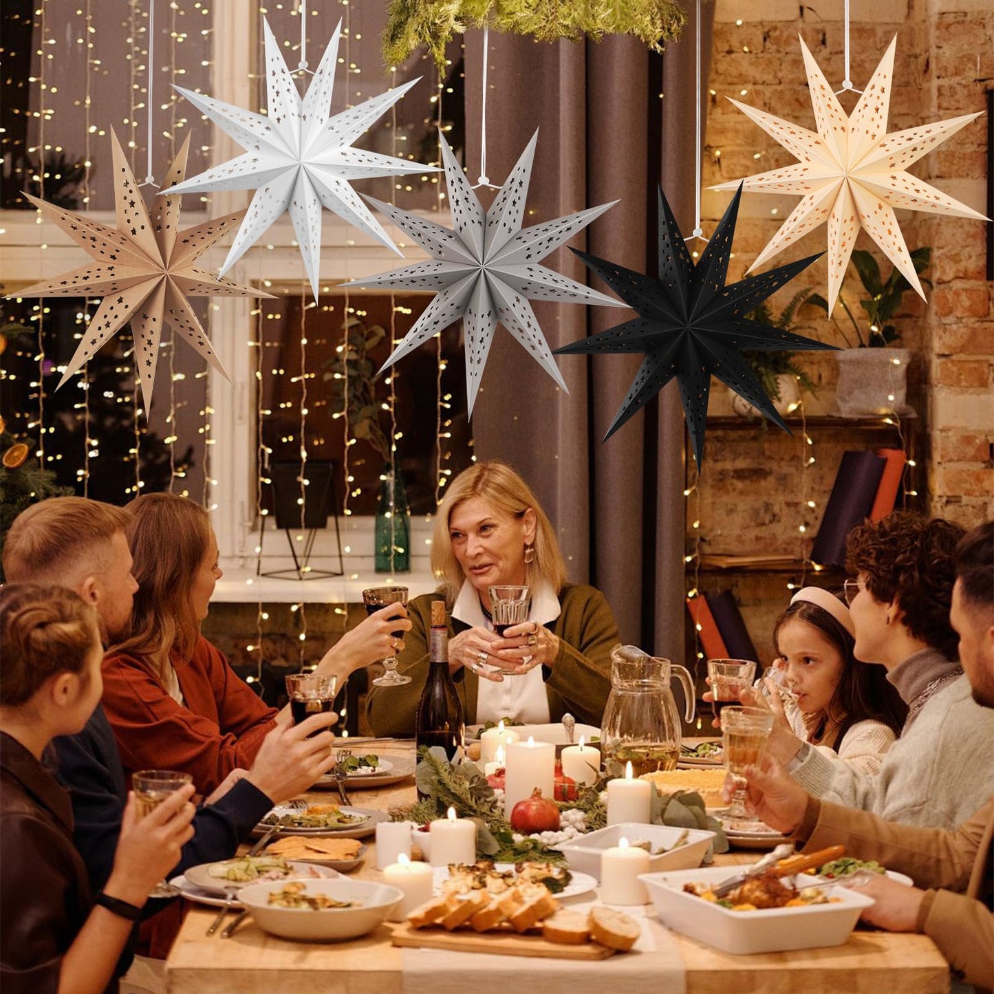 SUNBEAUTY 9-Pointed 12 Inch Hollow Out Paper Star Lanterns Brown White Gray Christmas Lanterns Hanging Lamp Paper Decorations Shade Wedding Birthday Christmas Home Party Decorations