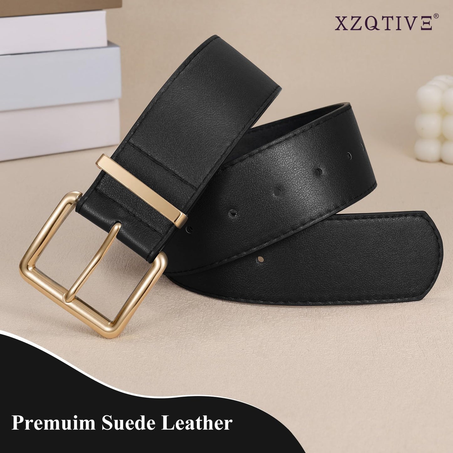 XZQTIVE Women Wide Chunky Belt for Dresses Fashion Thick Leather Belt with Gold Buckle, Black(Fit Waist Size 33"-39")