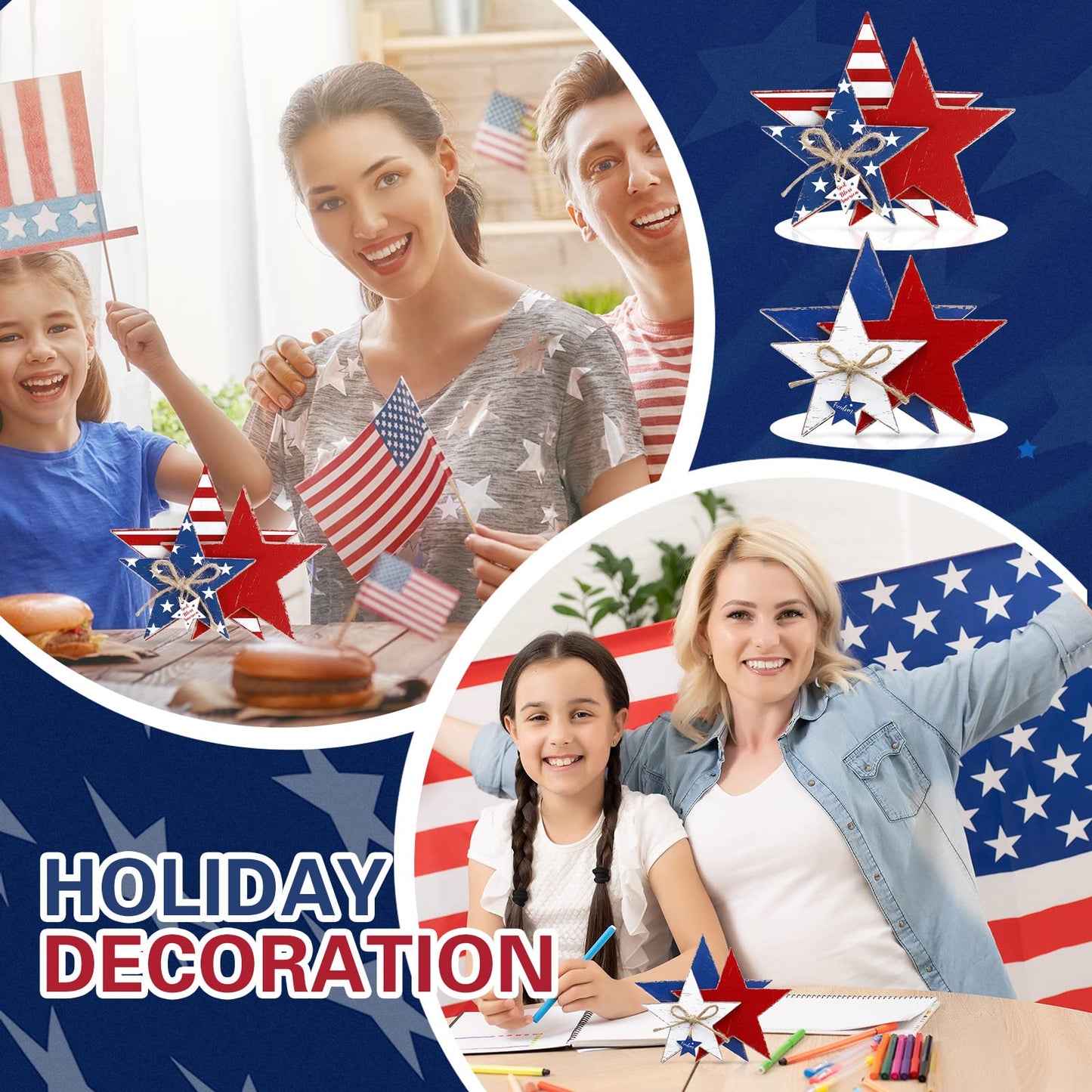 Pinkunn 2 Pcs 4th of July Wooden Star Decoration 250th Anniversary Large Faith Sign Patriotic Wooden Home Table Decor for Living Room Dining Table Centerpieces Memorial Day Decorations