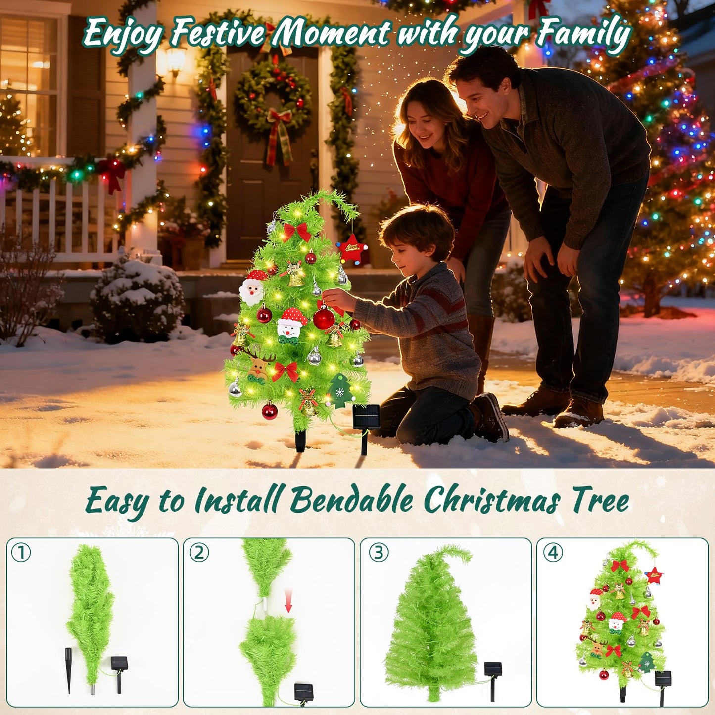 2 Pack Solar Christmas Tree, 31.5" Outdoor Whimsical Christmas Tree, Bendable Xmas Trees with LED Light & Ornaments, Waterproof Solar Christmas Lights for Yard, Pathway, Outdoor Christmas Decor