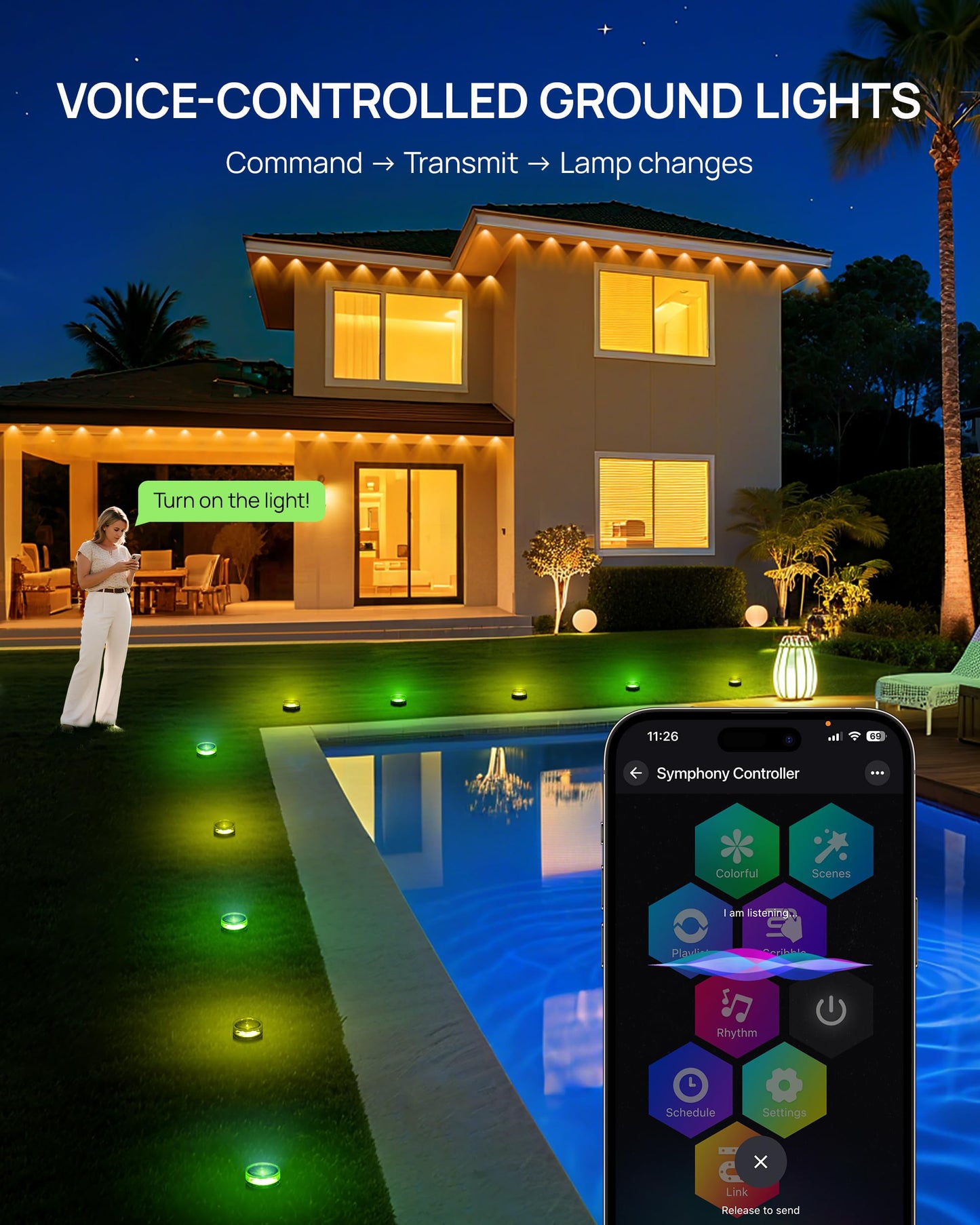 VCOKEN Christmas Pathway Lights, 50FT with Smart 15 LED RGBWW Outdoor Ground Lights with App Control, DIY Scene Modes IP65 Waterproof Walkway Light for Yard, Walkway Driveway Garden Decor